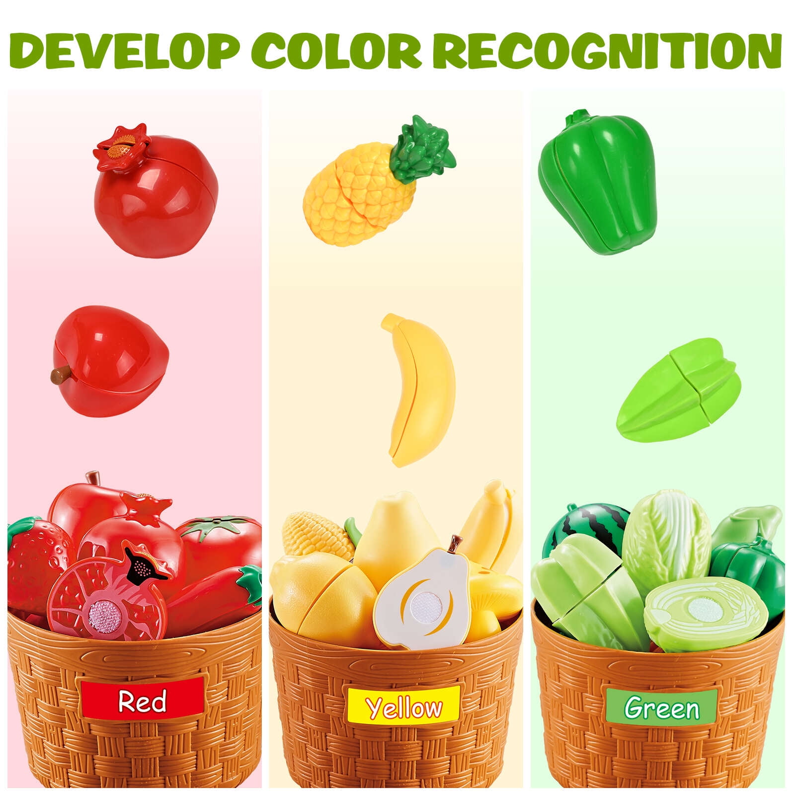IYHN Pretend Play Food Set for Toddlers, Educational Kitchen Cutting Toys with Sorting Baskets (Multicolor, 86 Piece Set) z38oo