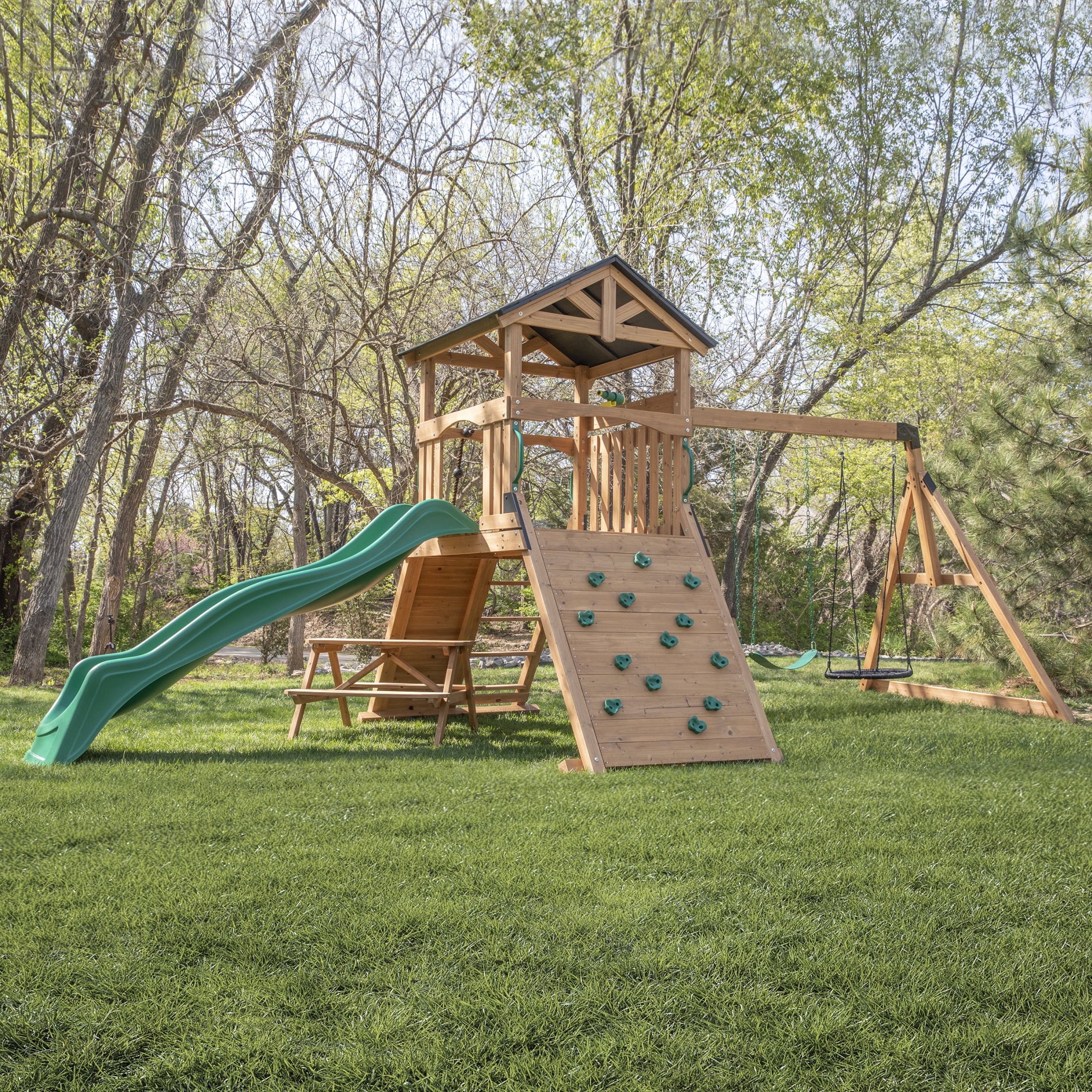 Backyard Discovery Endeavor II Cedar Wood Swing Set with Slide, Play Deck, and Double Rock Wall (Light Brown) cb9zs