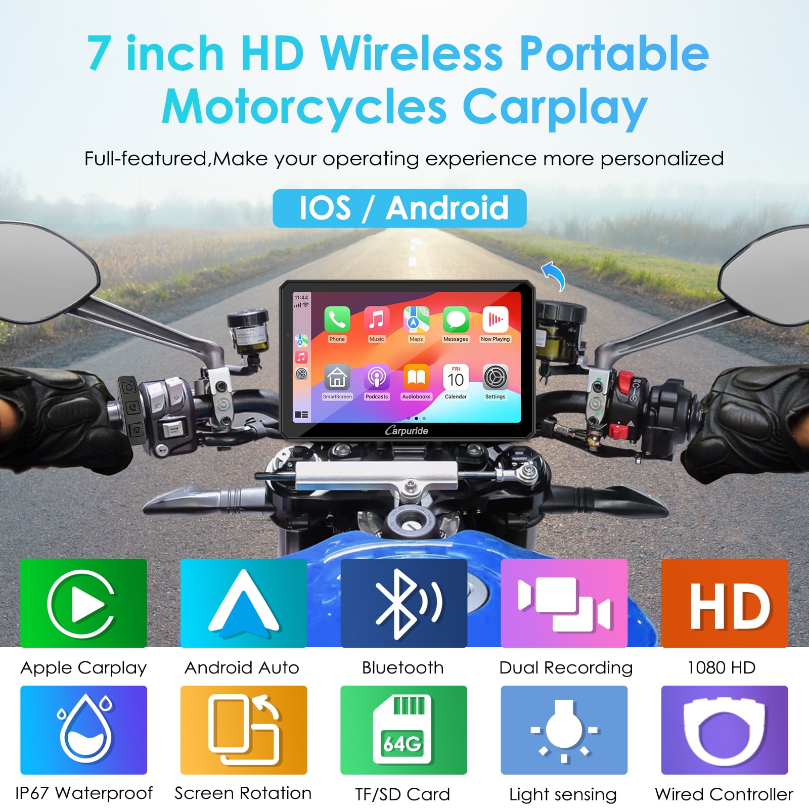 Carpuride Motorcycle Dash Cam with Wireless Apple CarPlay and Android Auto, 7 in HD Touch Screen, Dual 1080P Front and Rear Cameras (Black, 7 in) fs3sm