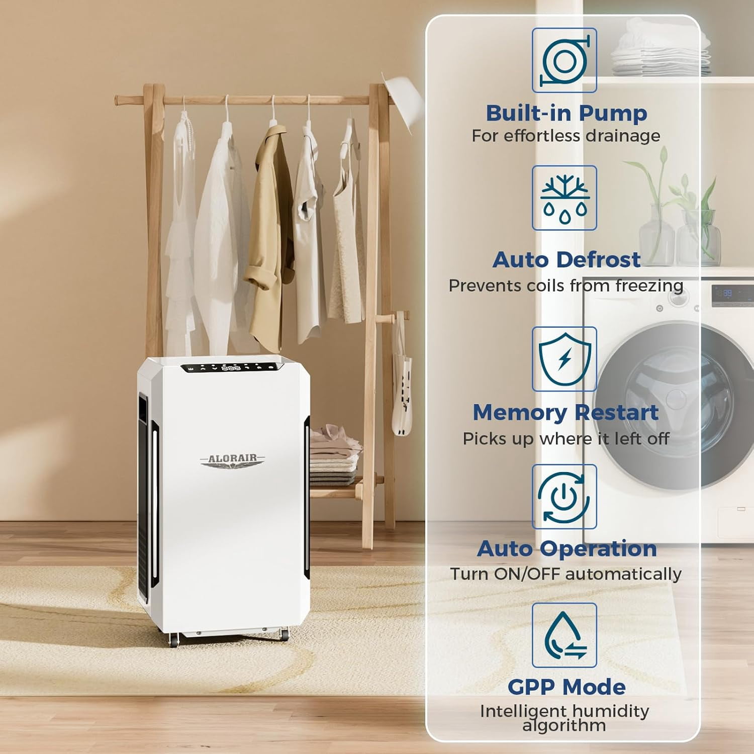 AlorAir Commercial Dehumidifier with Built-in Pump, SLGR Technology for Basements and Large Spaces (120 PPD, White) 63jgi