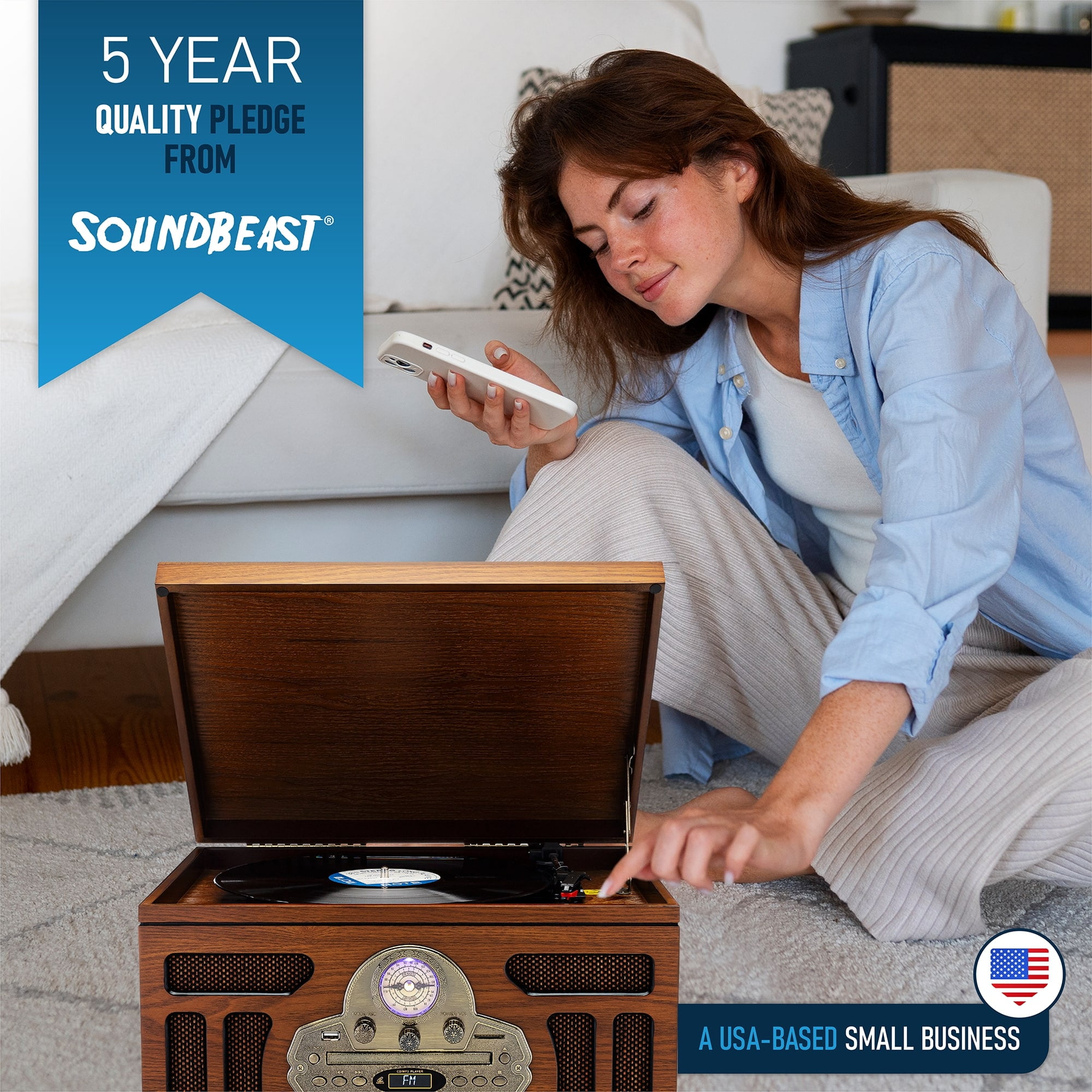 SoundBeast All-in-One Vintage Turntable with Bluetooth, CD, Cassette, and AM/FM Radio (Brown, 17 in x 13 in x 9.3 in) lersp