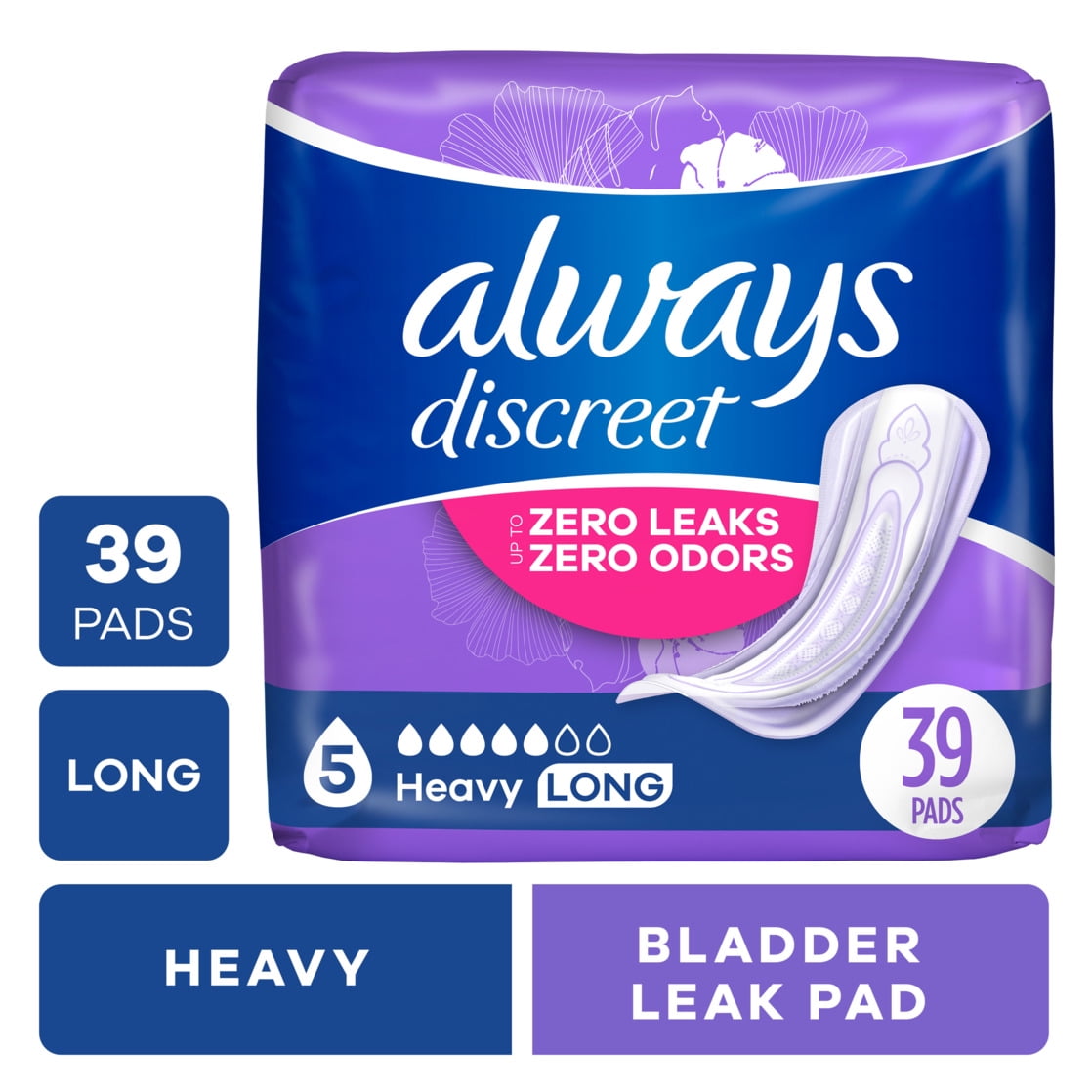 Always Discreet Incontinence Pads for Women, Heavy Absorbency, Long Length, Postpartum Protection (39 Count) 02xd4