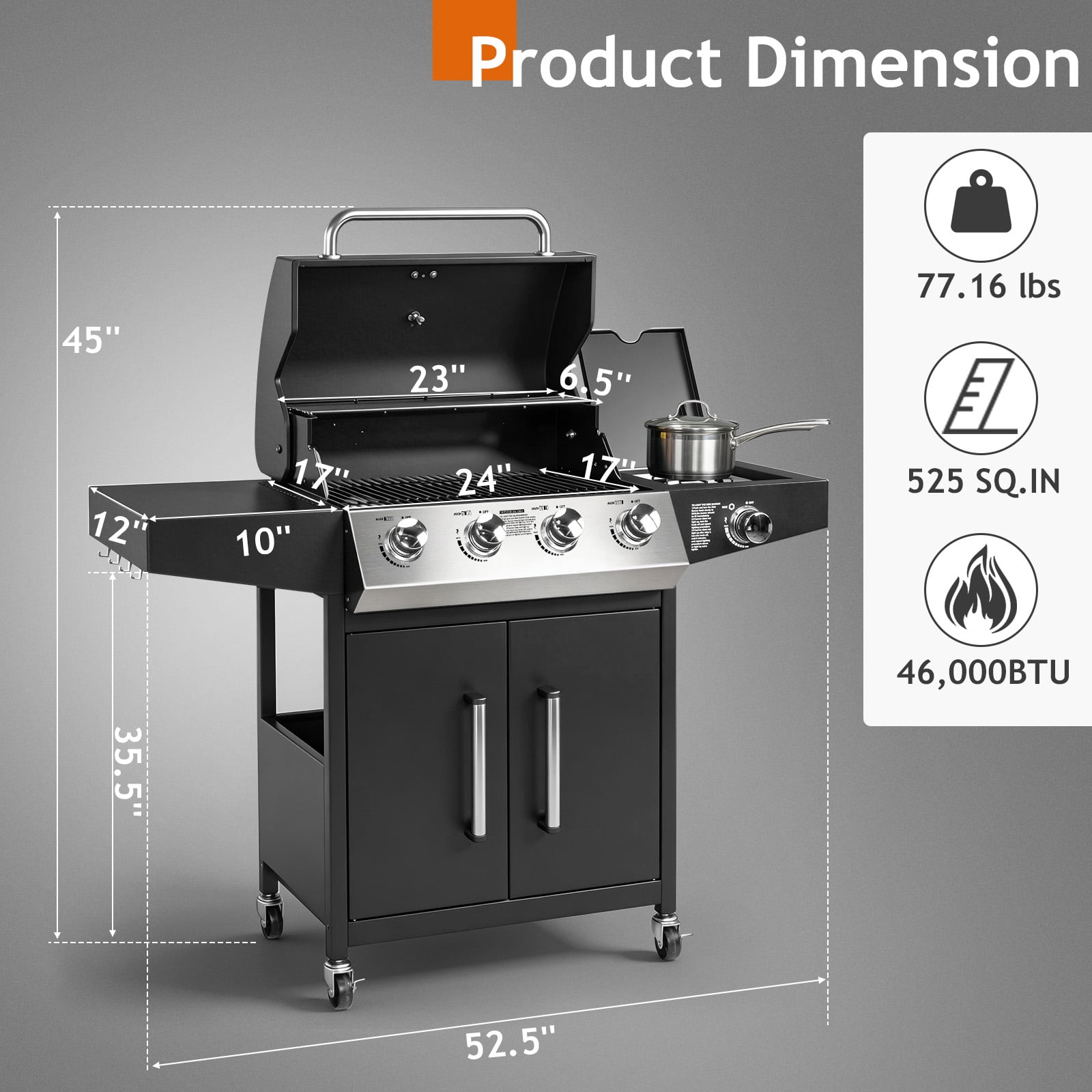 Ktaxon 4-Burner Propane Gas Grill with Side Burner and Wheels (Black, 58000 BTU) 7pug5