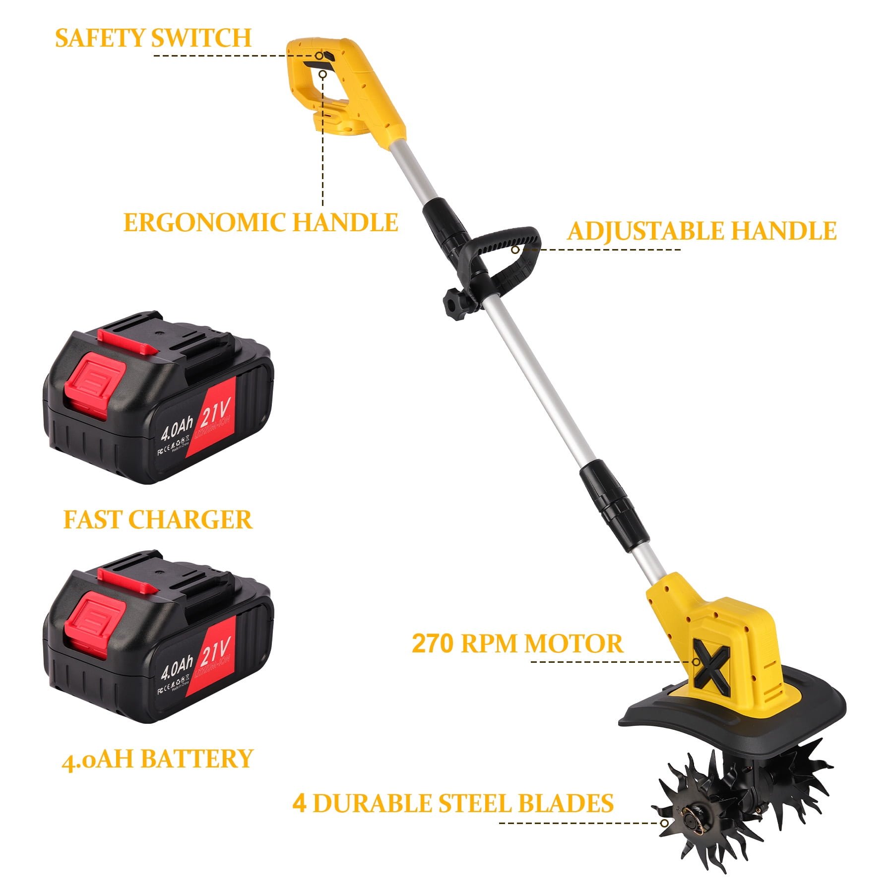 HUSGW Cordless Electric Tiller Cultivator, 21V Garden Rototiller with 2 Batteries & Charger (9 in Tilling Width, 6 in Depth) jd10g