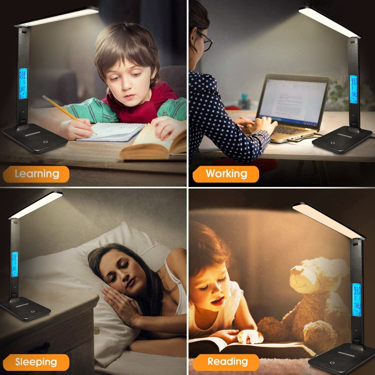 Lococo LED Desk Lamp with Wireless Charger and USB Port, Foldable Office Light with Clock and Alarm (Black, 1 Pack) bxw6e