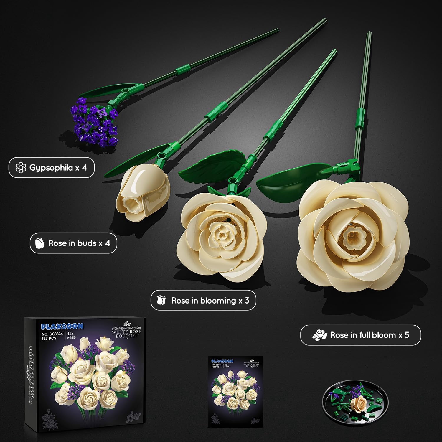 TERRAMUS White Rose Bouquet Building Set with LED Light, Floral Construction Blocks for Home Decor (White, 523 Pieces) o6jjt