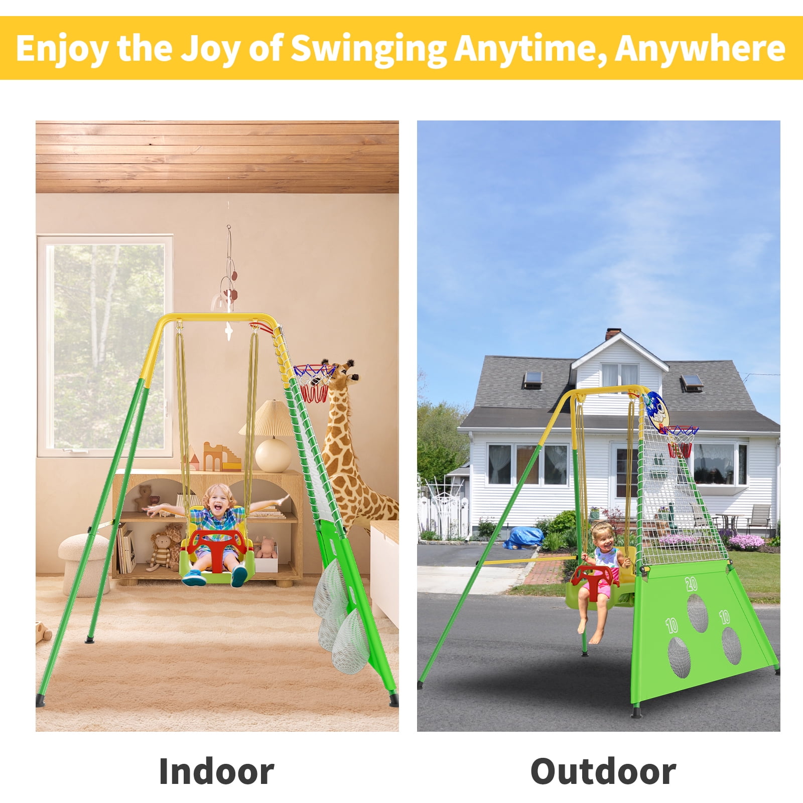 SENCHO GINSYTALIOR 3-in-1 Toddler Swing Set with Basketball Hoop and Soccer Net, Indoor Outdoor Kids Playground (Green, 67 in x 55 in x 61 in) 0vpcf