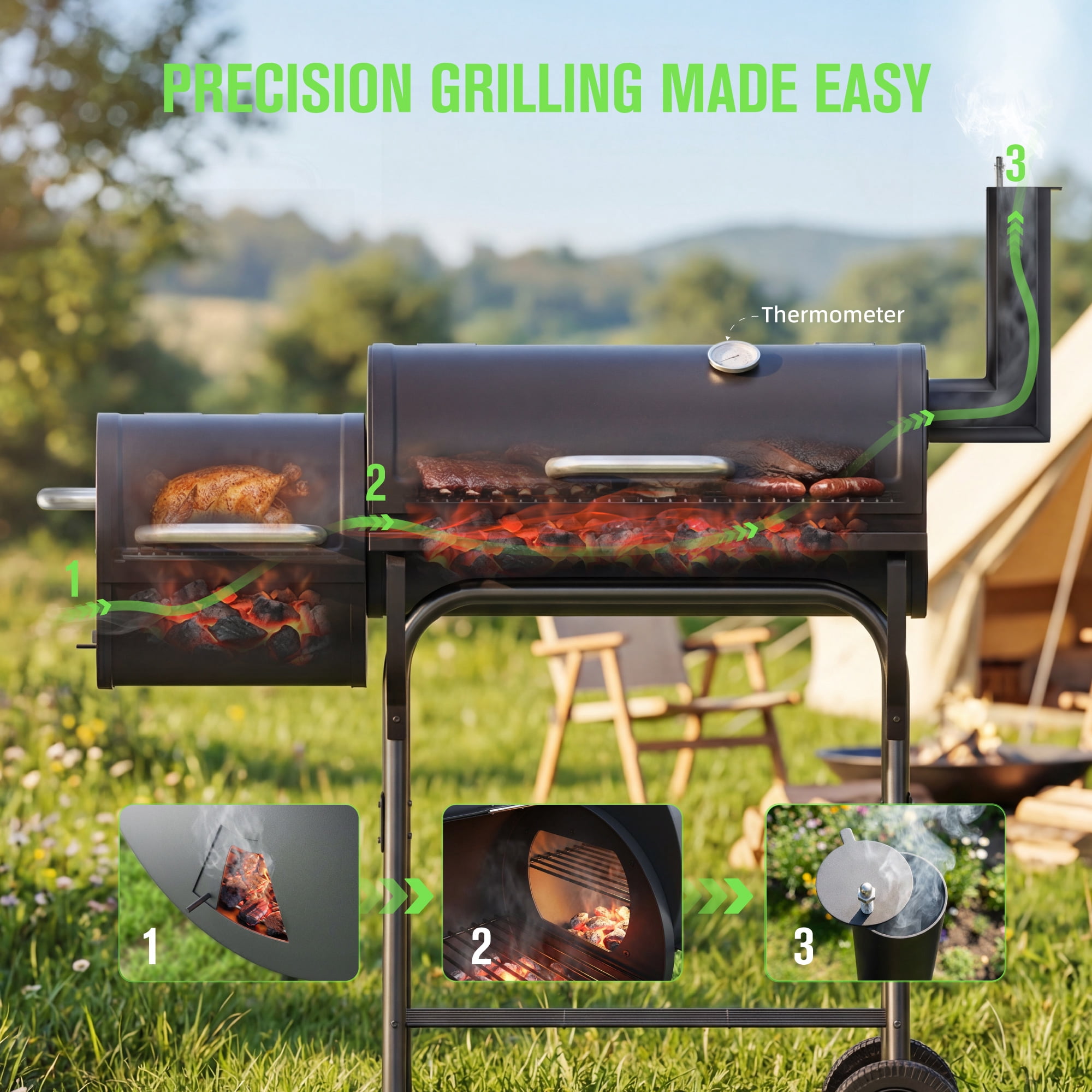 Vebreda Charcoal Grill with Offset Smoker, Heavy-Duty BBQ Barrel Grill for Outdoor Patio Cooking (Black, 44 in) ob4sj