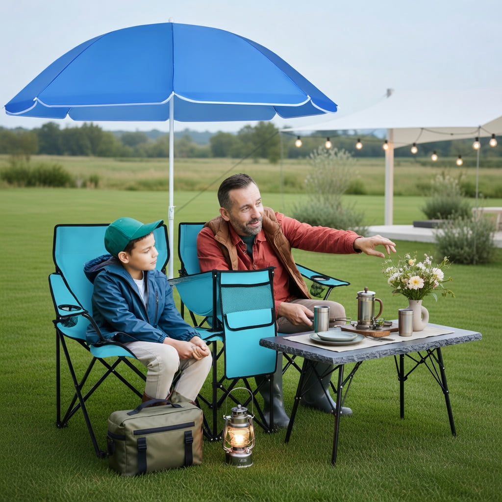 Topcobe Double Folding Picnic Chair with Umbrella and Cooler Bag (Turquoise, 2-Seat) il2p3