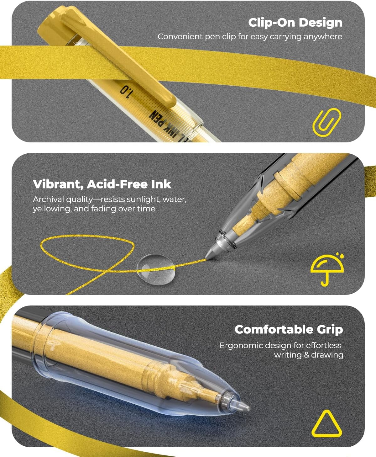 JusArt Gold Gel Pens for Drawing and Journaling, Opaque Ink for Dark Paper (3 Pack, Assorted Tips) 0p272