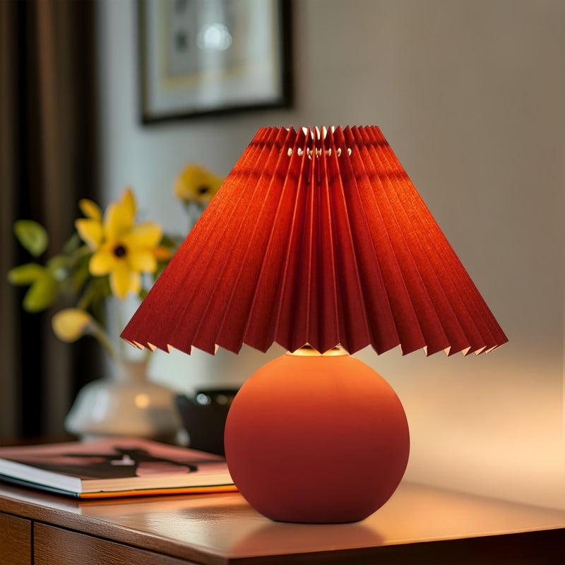 Brightech Serena LED Table Lamp, Retro Asian-Inspired Ceramic Globe Base with Pleated Shade (Red, 10 in) 5161e