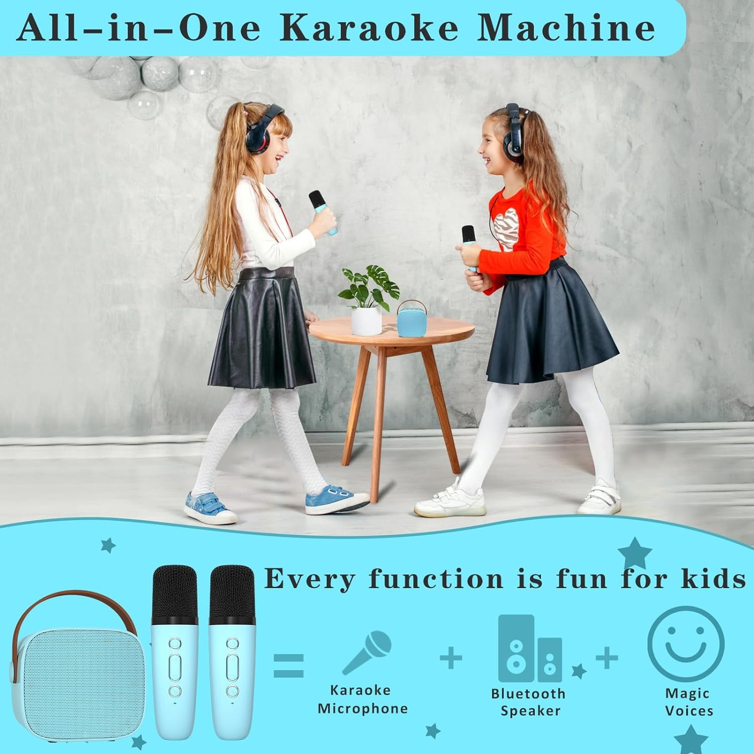 PayUSD Portable Karaoke Machine with 2 Wireless Microphones, Bluetooth Speaker for Parties (Blue, 1 Unit) wht71