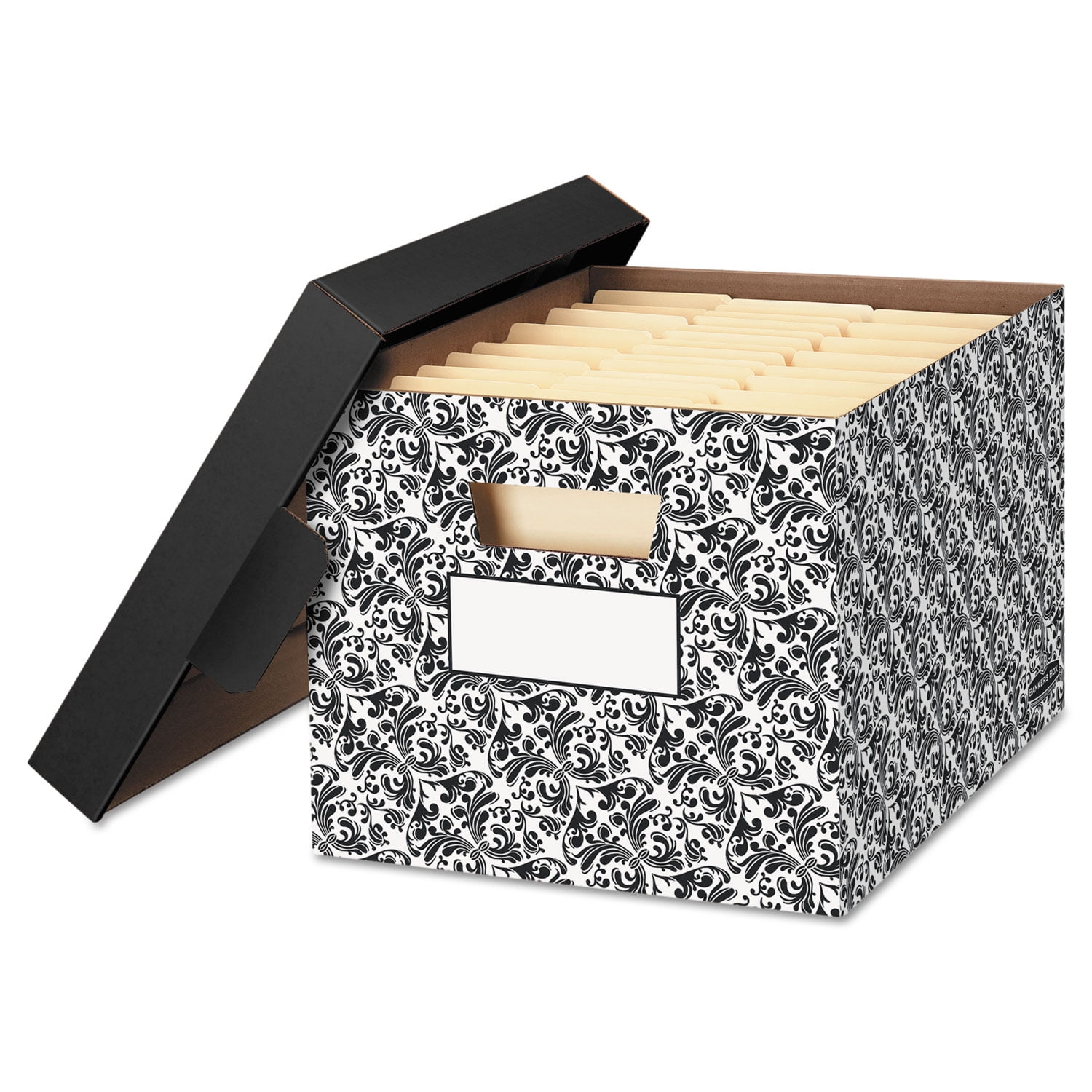 Bankers Box STOR/FILE Decorative Medium-Duty Storage Boxes for Letter and Legal Files (Black and White Brocade, 4 Pack, 12 in x 15 in x 10 in) m5t92