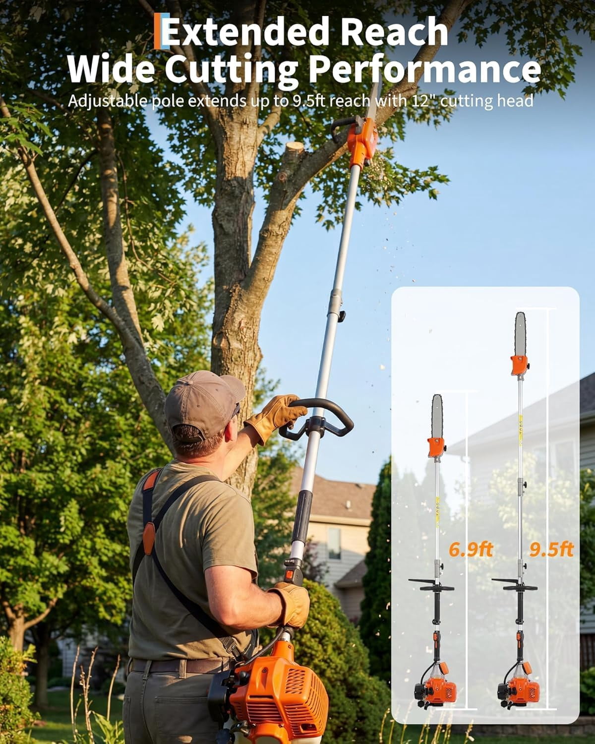 Boupower Gas Powered Pole Saw for Tree Trimming (Orange, 6.9 ft to 9.5 ft) yq3uz
