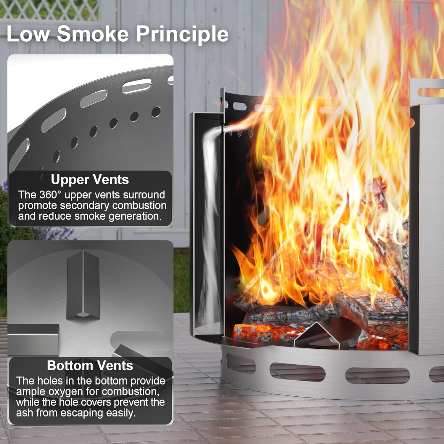 Kullavik 19 Inch Outdoor Smokeless Fire Pit, Portable Stainless Steel Wood Burning Firepit with Weather Resistant Cover (Silver, 19 in) 1csj3