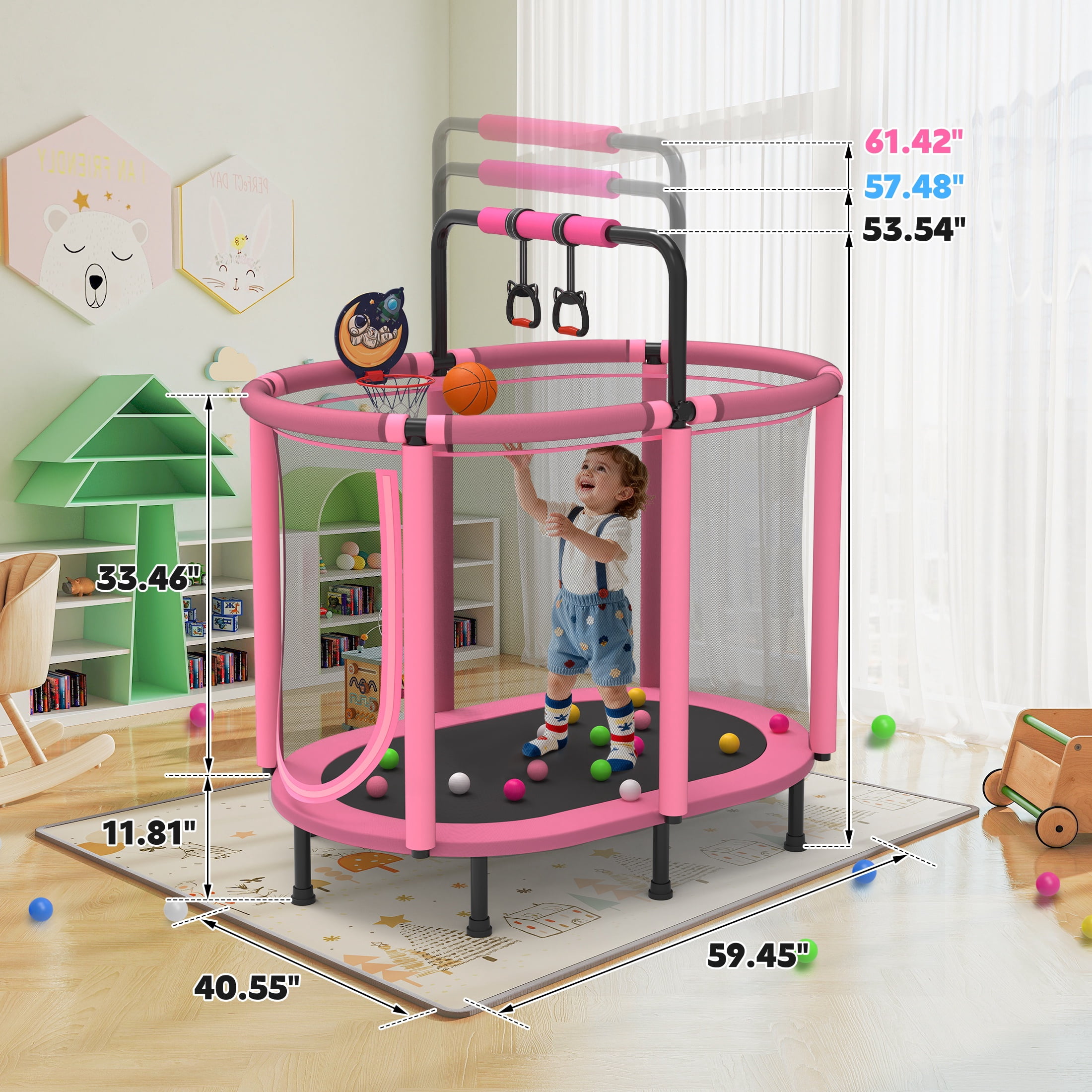 SHINPT 60 in Kids Trampoline with Enclosure Net, Basketball Hoop, and Gymnastic Bar (Pink, 60 in) n5r0i