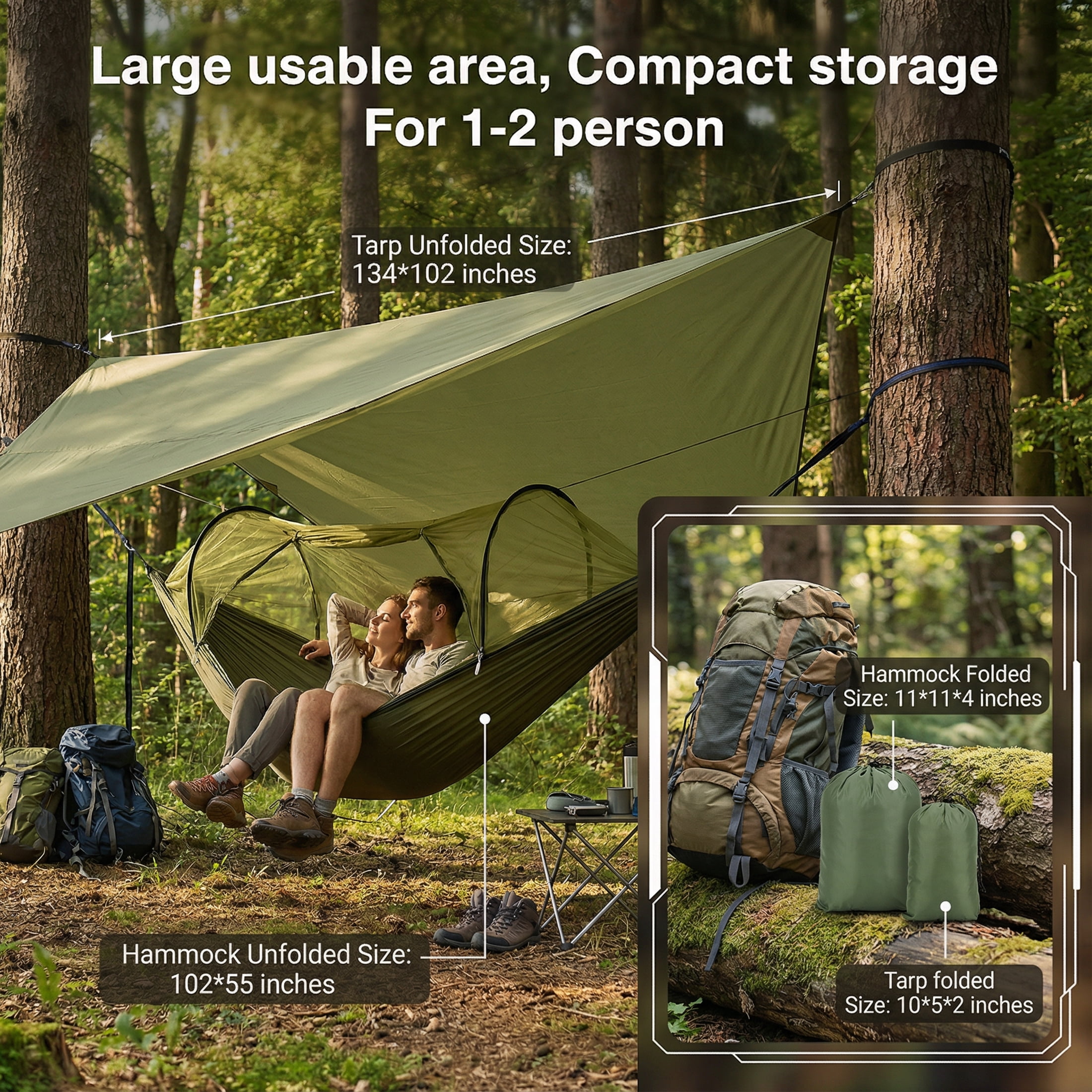 EZBY Camping Hammock with Mosquito Net and Sunshade Tarp (Green, 102 in x 55 in) 0c656