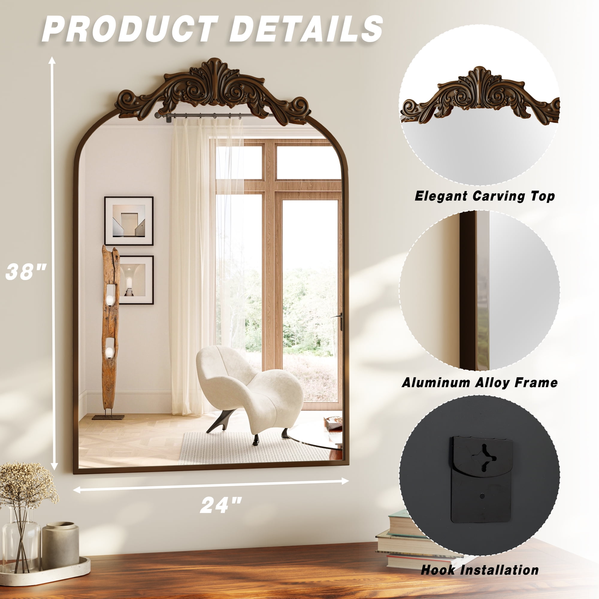 BEAUTYPEAK Arched Wall Mirror Vintage Metal Bathroom Vanity Mirror (Bronze, 24 in x 38 in) bmu2a