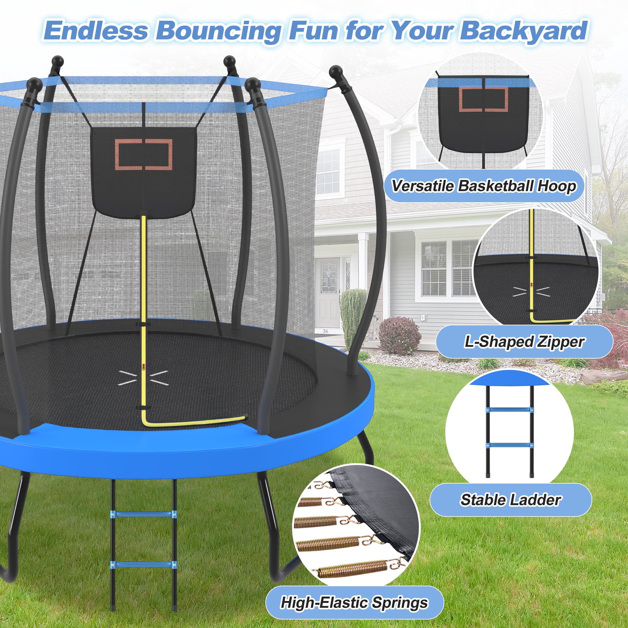 Euroco 8 ft Outdoor Trampoline with Basketball Hoop and Ladder (Blue, 8 ft) o80er