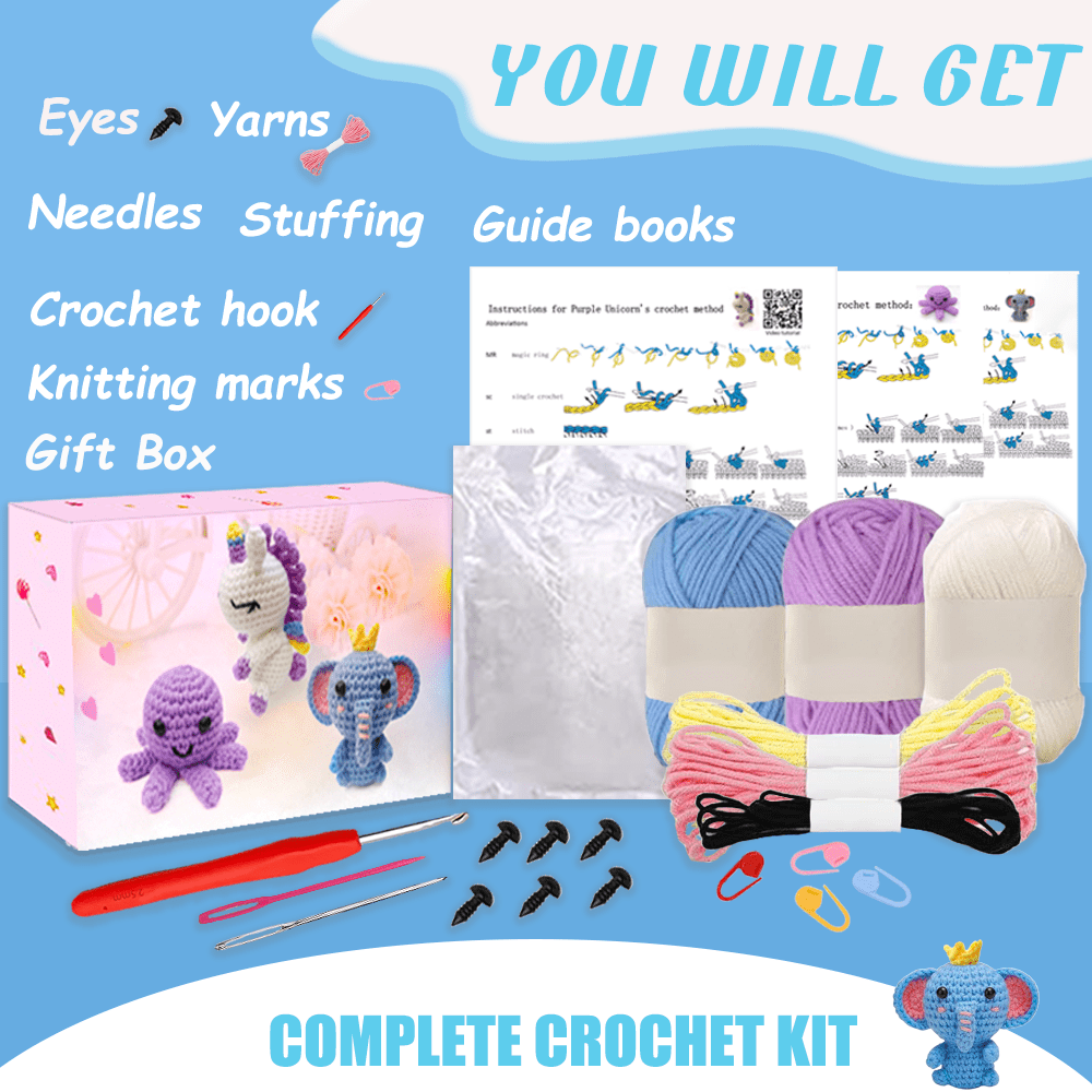 Yarniss Beginner Crochet Kit, DIY Animal Craft Set for Unicorn, Octopus, and Elephant (Multi-Color, 1 Pack) 1j3ni