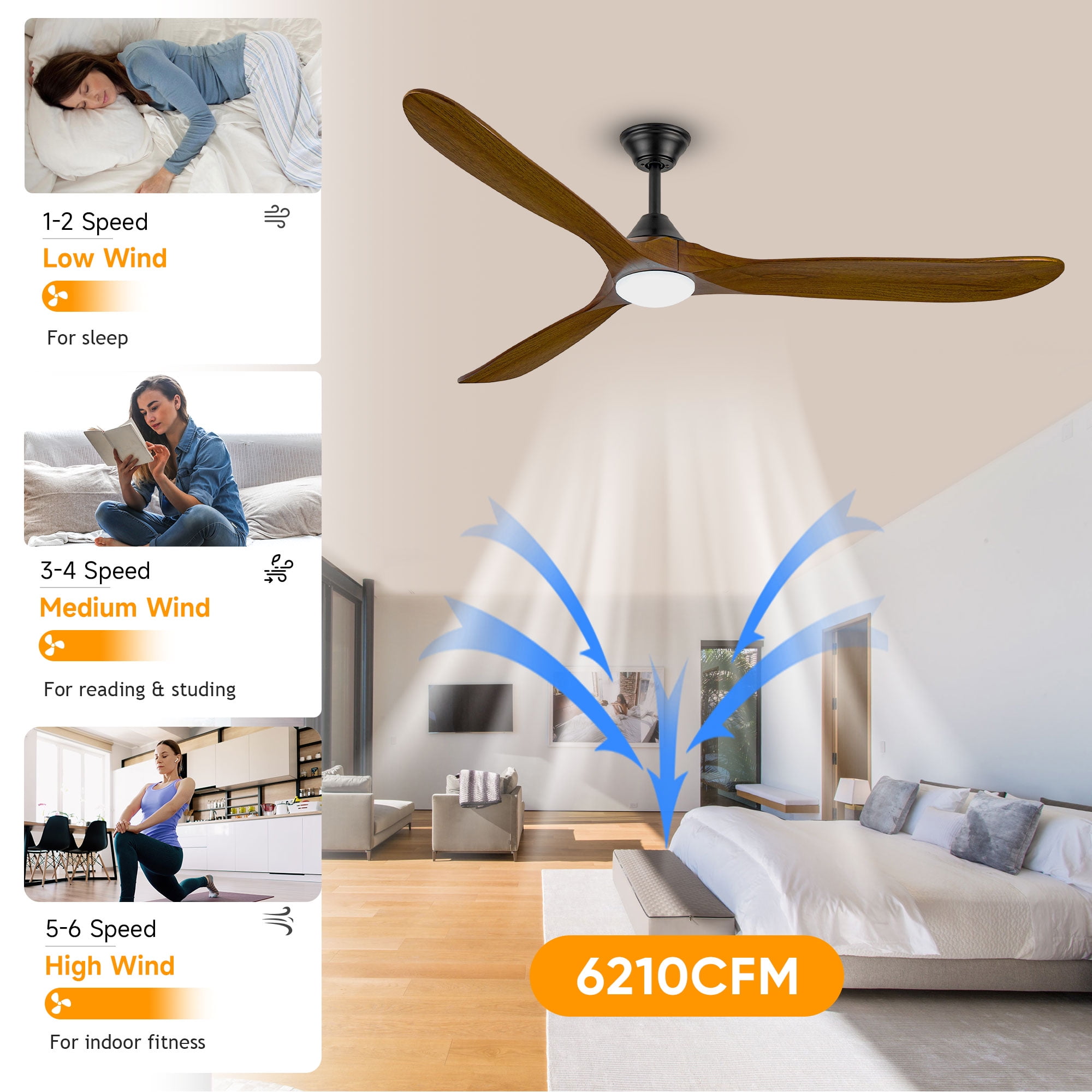 DOOZOLER 60 in Ceiling Fan with LED Light and Remote, 3 Solid Wood Blades, Dimmable Farmhouse Indoor Outdoor Fan (Brown, 60 in) 6gc4b