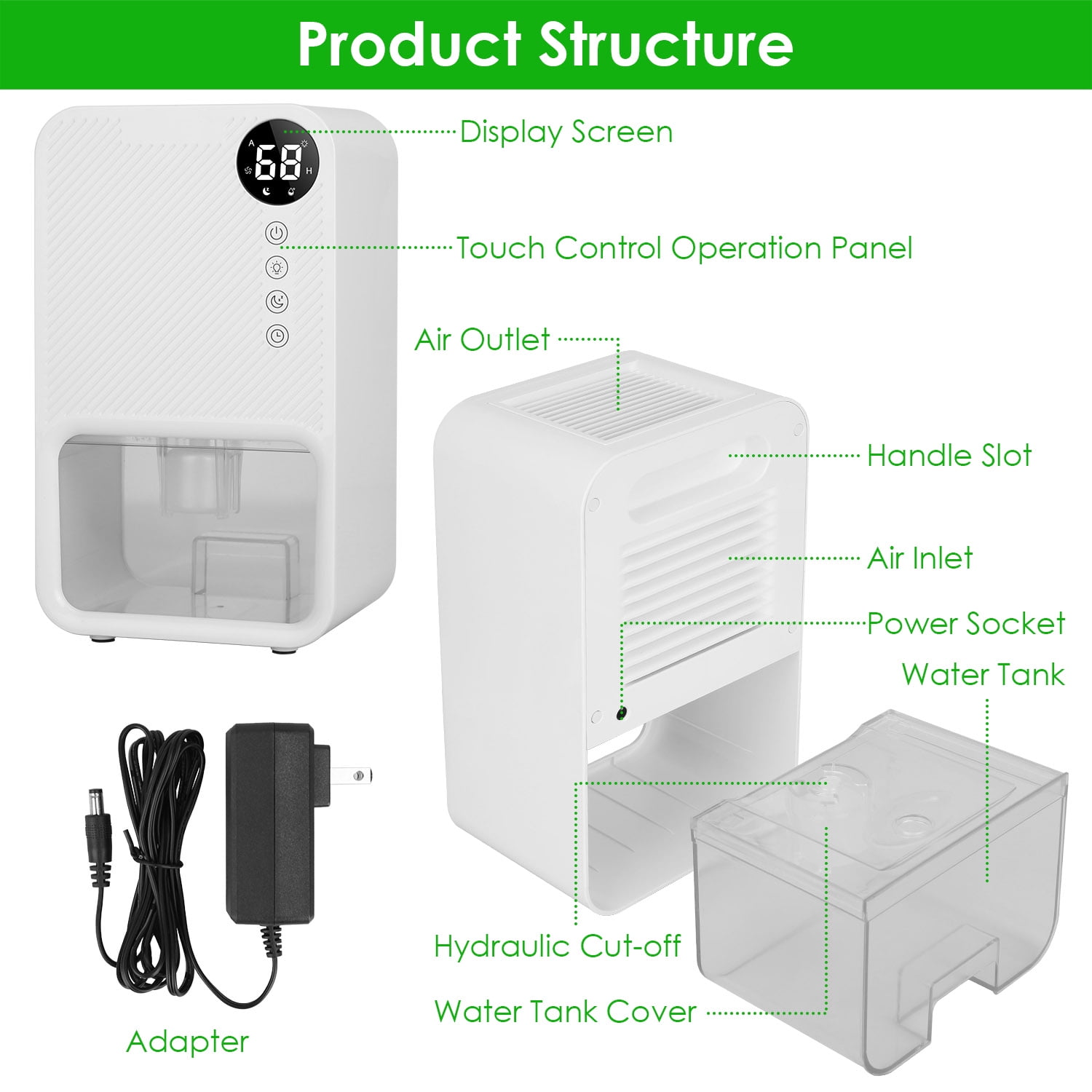 iMounTEK Portable Dehumidifier for Home, Quiet Small Room Moisture Remover with Auto Shut-Off and 7-Color LED (White, 37 fl oz) o4xcs
