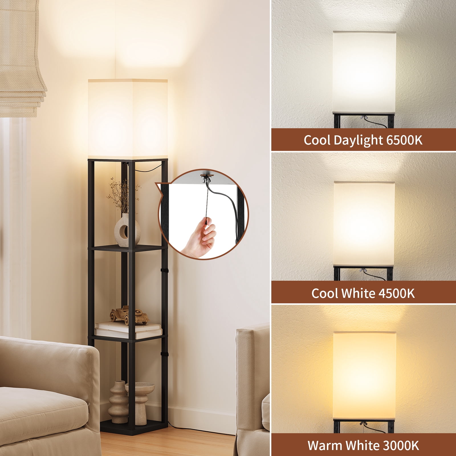 SUNMORY Floor Lamp with Shelves, Standing Lamp for Living Room and Bedroom, Modern Storage Shelf Lamp with LED Bulb (Black, 63 in) uk1io