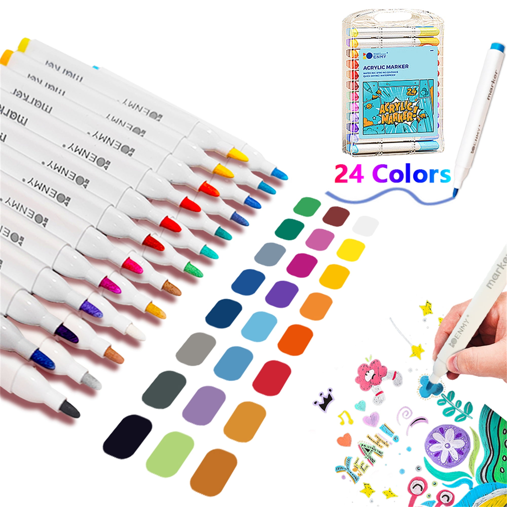 BUSATIA Acrylic Paint Markers Set, Quick-Dry Water-Based Pens for Rock, Wood, Canvas, and Ceramic Art (24 Colors, 2mm Tip) e5ffg