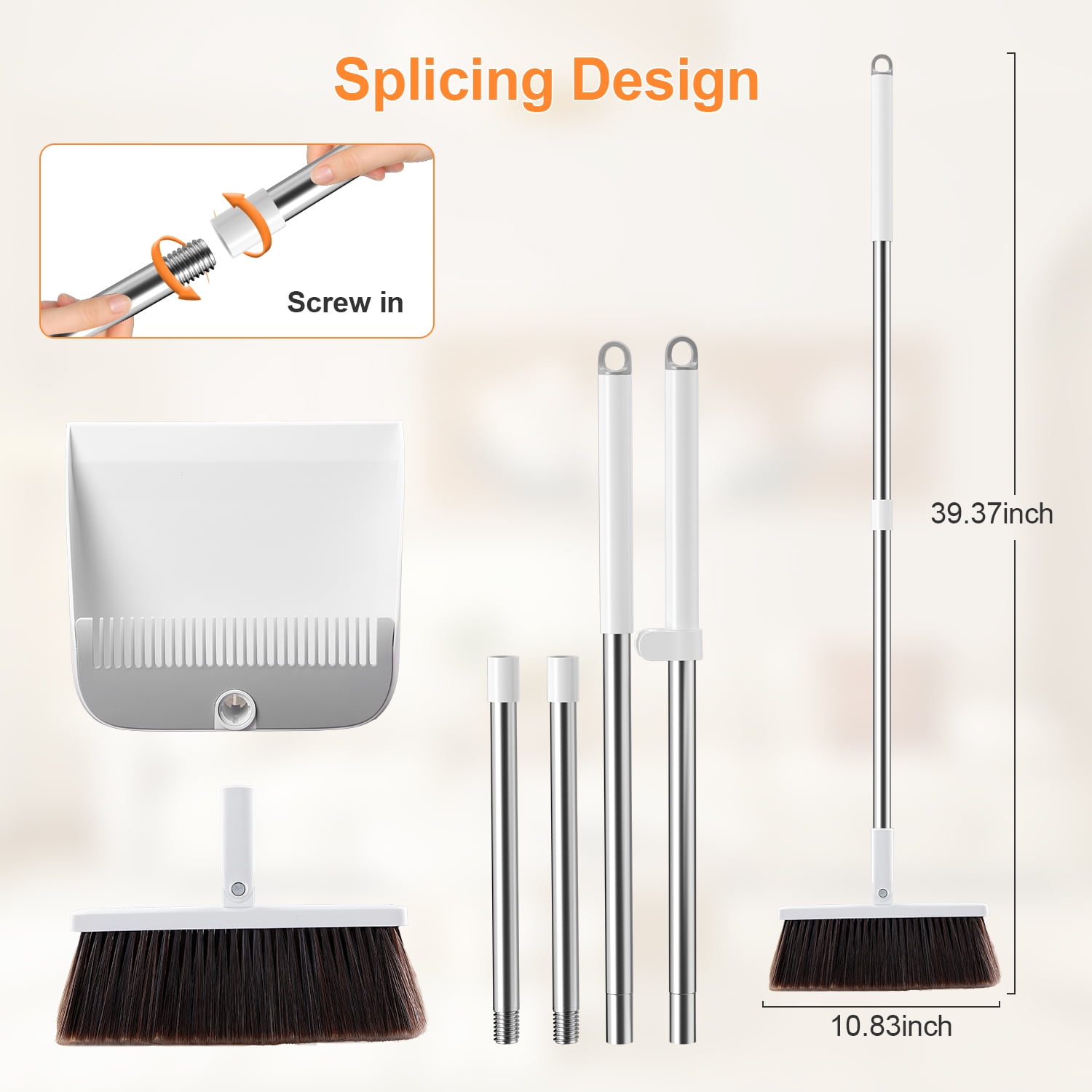 MAOFACE Broom and Dustpan Set for Home, Upright Cleaning Combo with Integrated Comb Teeth (White, 39 in) 76ckv