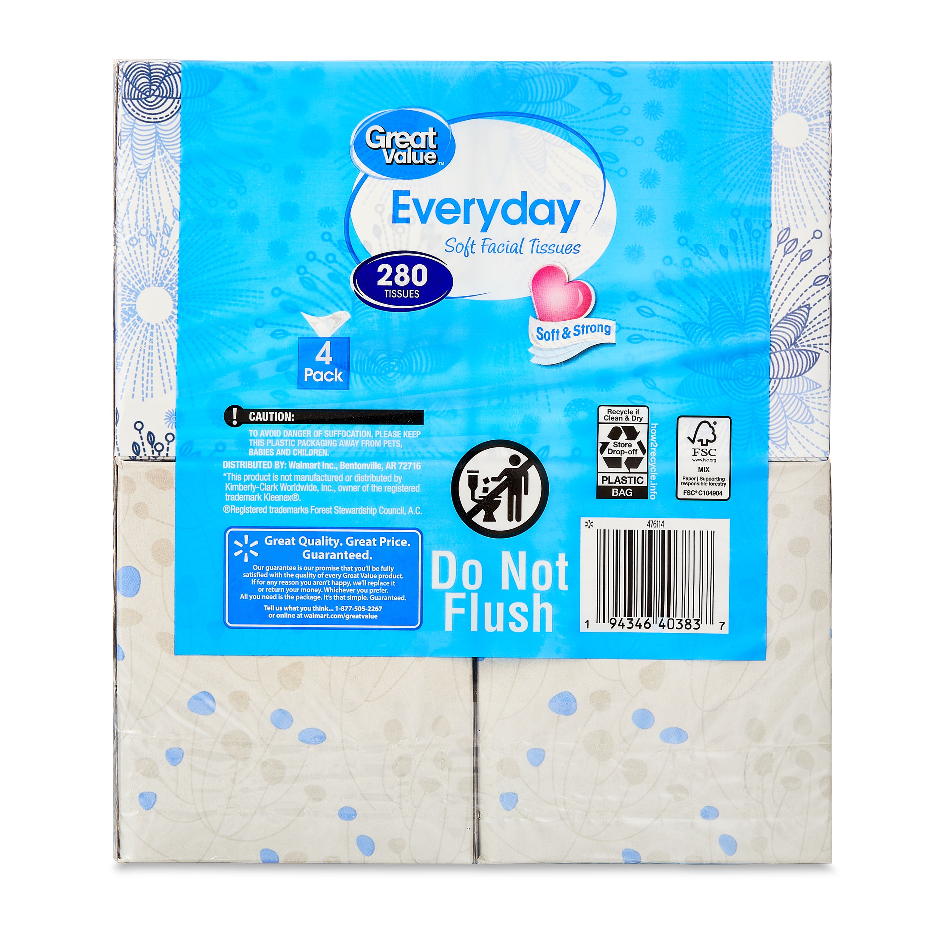 Great Value Everyday Soft Facial Tissues, 2-Ply Absorbent Paper Sheets (White, 280 Total Count) s7m7n