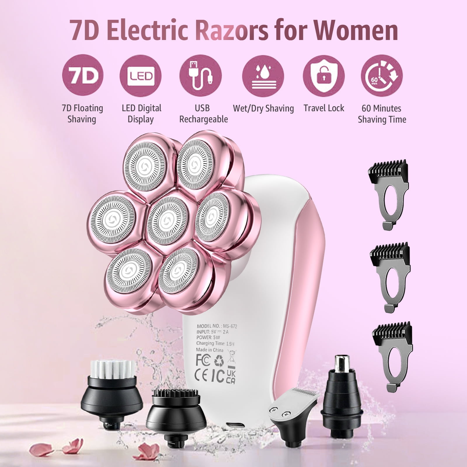 Skdwakiz 5-in-1 Electric Shaver for Women, Cordless 7D Rotary Razor for Legs and Bikini (Pink) sa9nm