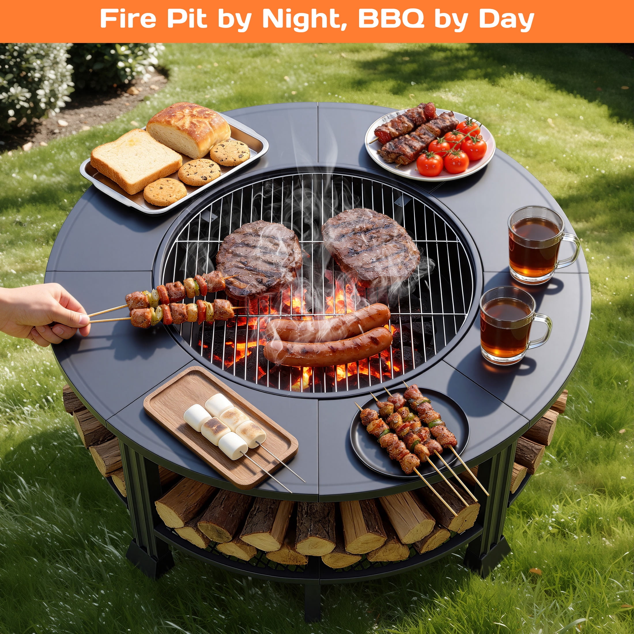 Segmart 38 in Round Wood Burning Fire Pit Table with Grill, Poker, and Waterproof Cover (Black, 38 in) ra8m1