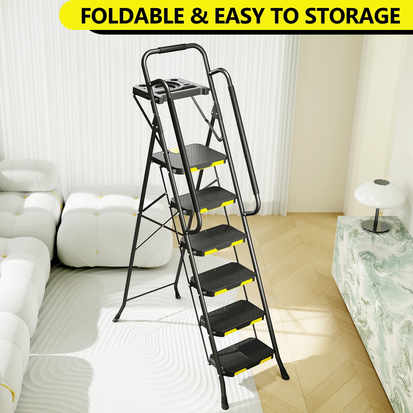 KINGRACK 6 Step Ladder, Heavy-Duty Steel Step Stool with Tool Platform and Handrails (Black, 800 lb Capacity) ct59l