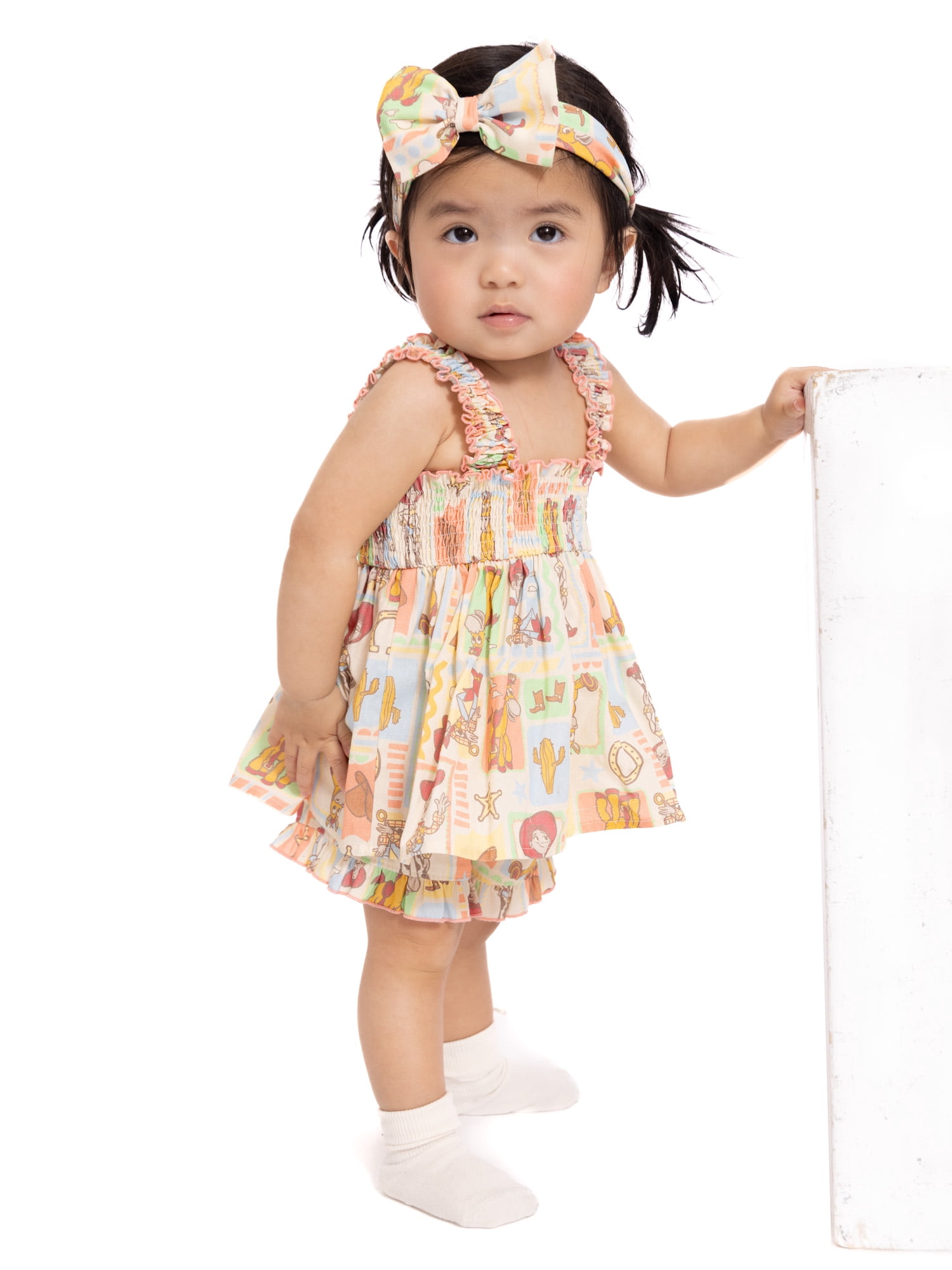 Disney Pixar Toy Story Baby Girls Smocked Cotton Tank Top, Shorts and Headband 3-Piece Set (Multi-Color, 0-24 Months) unblt