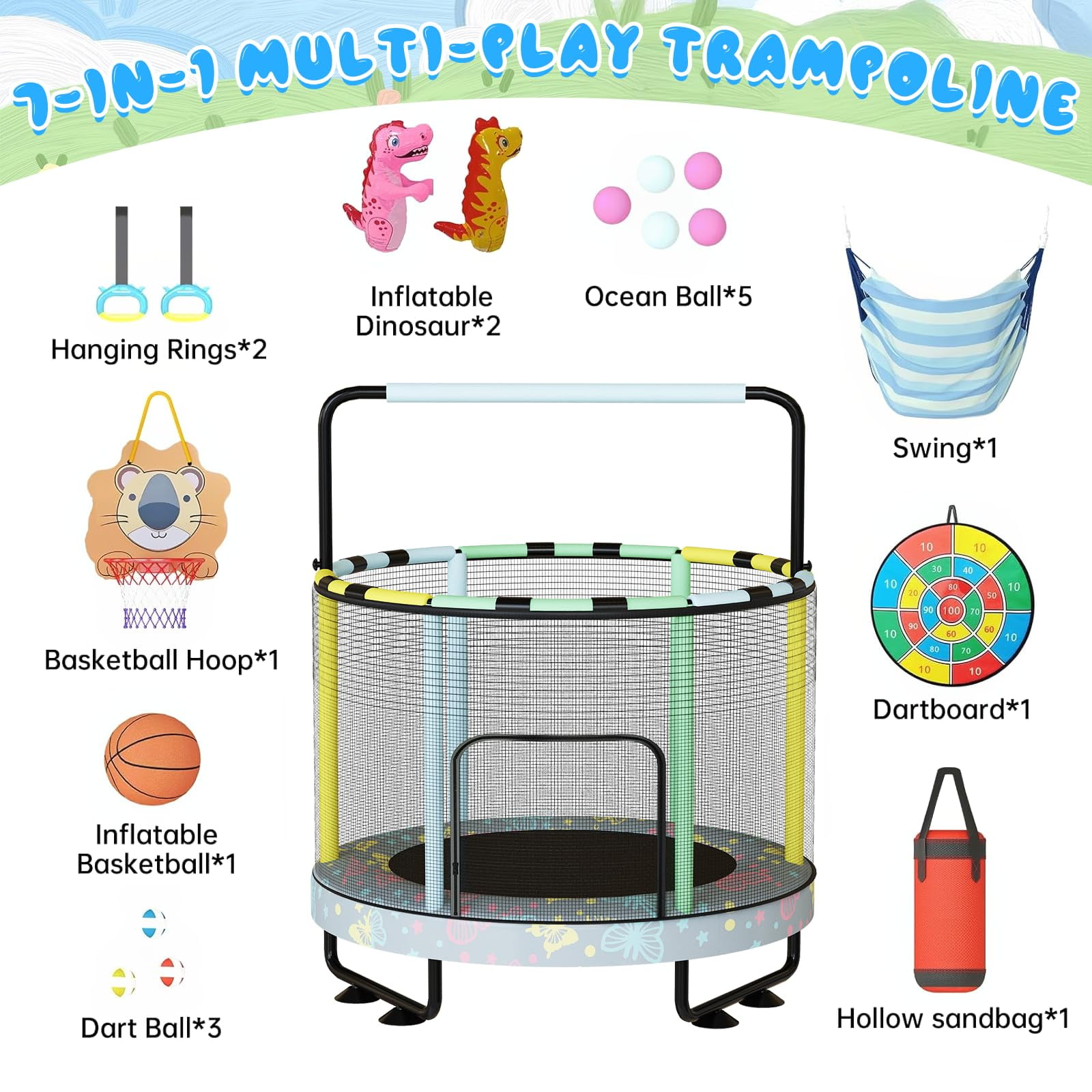 Mooseng Kids Trampoline with Safety Enclosure and Adjustable Handrail, 7-in-1 Activity Center (Yellow, 55 in) chyzk