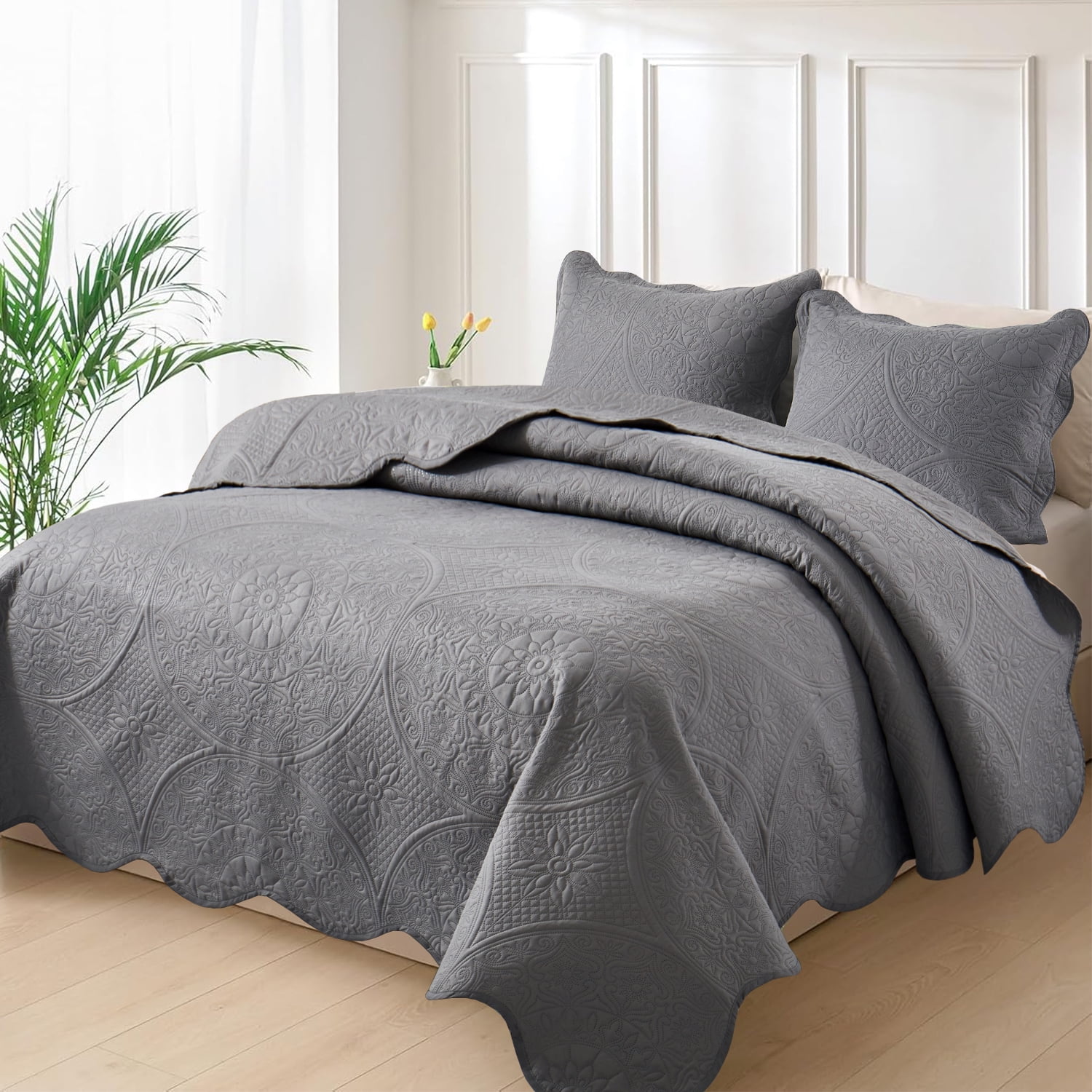 Moonlight Bedding 3 Piece Ultrasonic Quilt Set Floral Pattern (Gray, Queen) 4bcsn