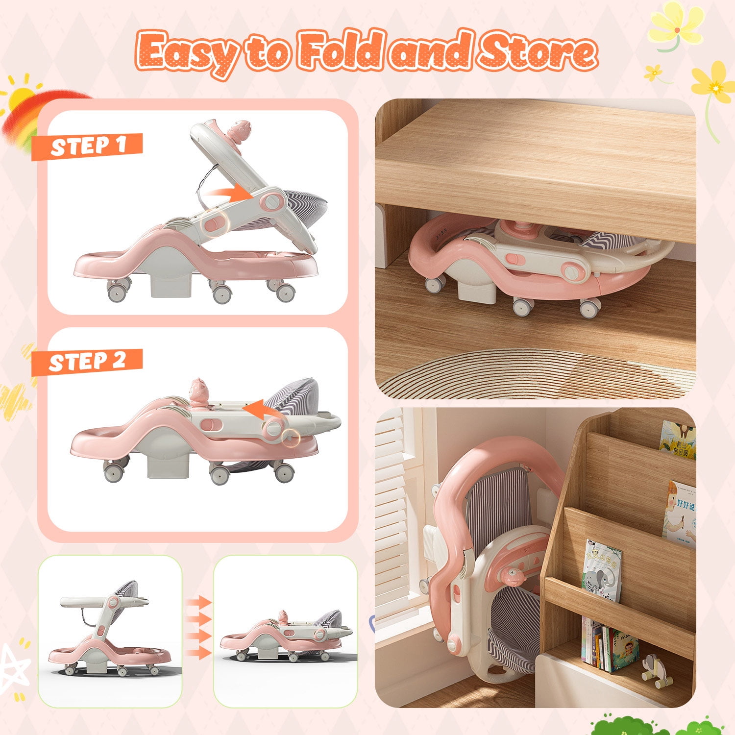 WonderStone 5-in-1 Baby Walker and Activity Center, Foldable Push Walker with Music and Lights (Pink, 27.5 in x 21 in x 19.68 in) 43quc