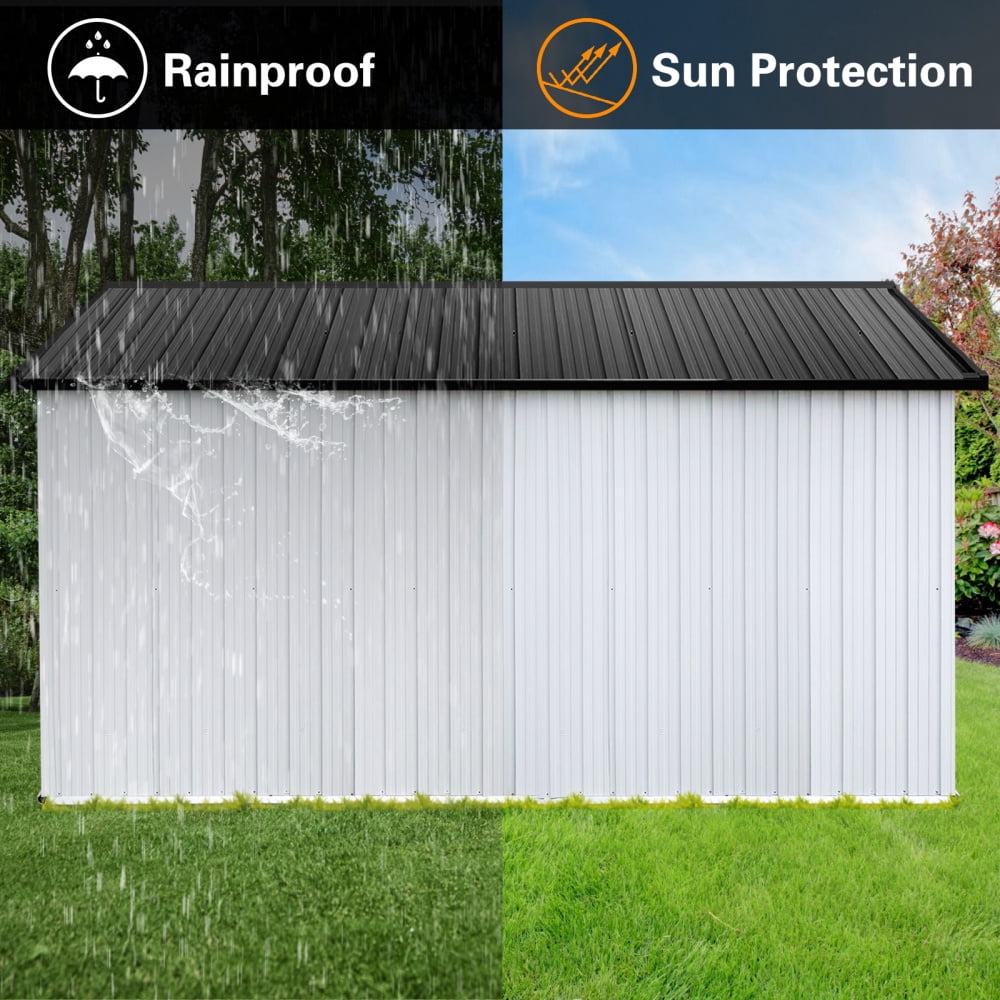 Roninkier Metal Outdoor Storage Shed with Worktable and Shelves (White and Black, 12 ft x 10 ft) 3q59c