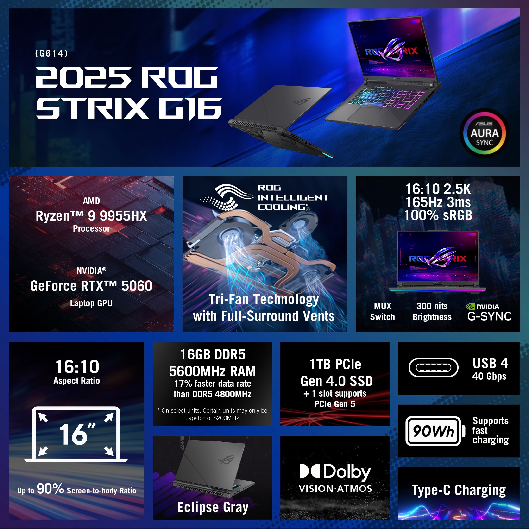 ASUS ROG Strix G16 (2025) Gaming Laptop, 16 in WUXGA 165Hz Display, AMD Ryzen 9 9955HX, RTX 5060 8GB, 16GB RAM, 1TB SSD (Eclipse Gray) 4etim