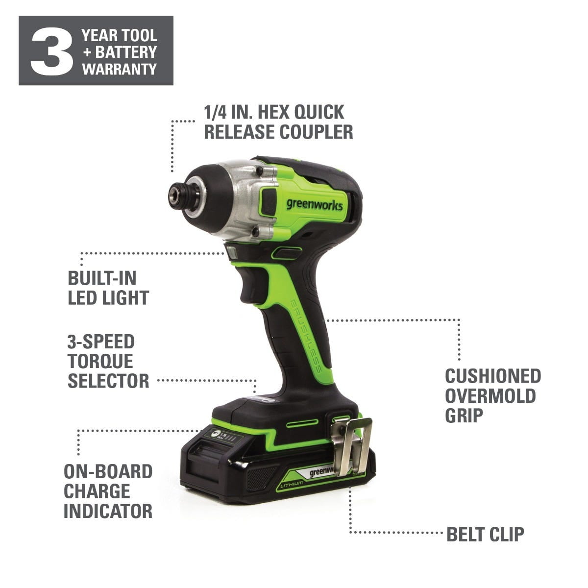 Greenworks 24V Brushless Cordless 1/4 in Impact Driver Set (Green, 2 Batteries & Charger) ton4l