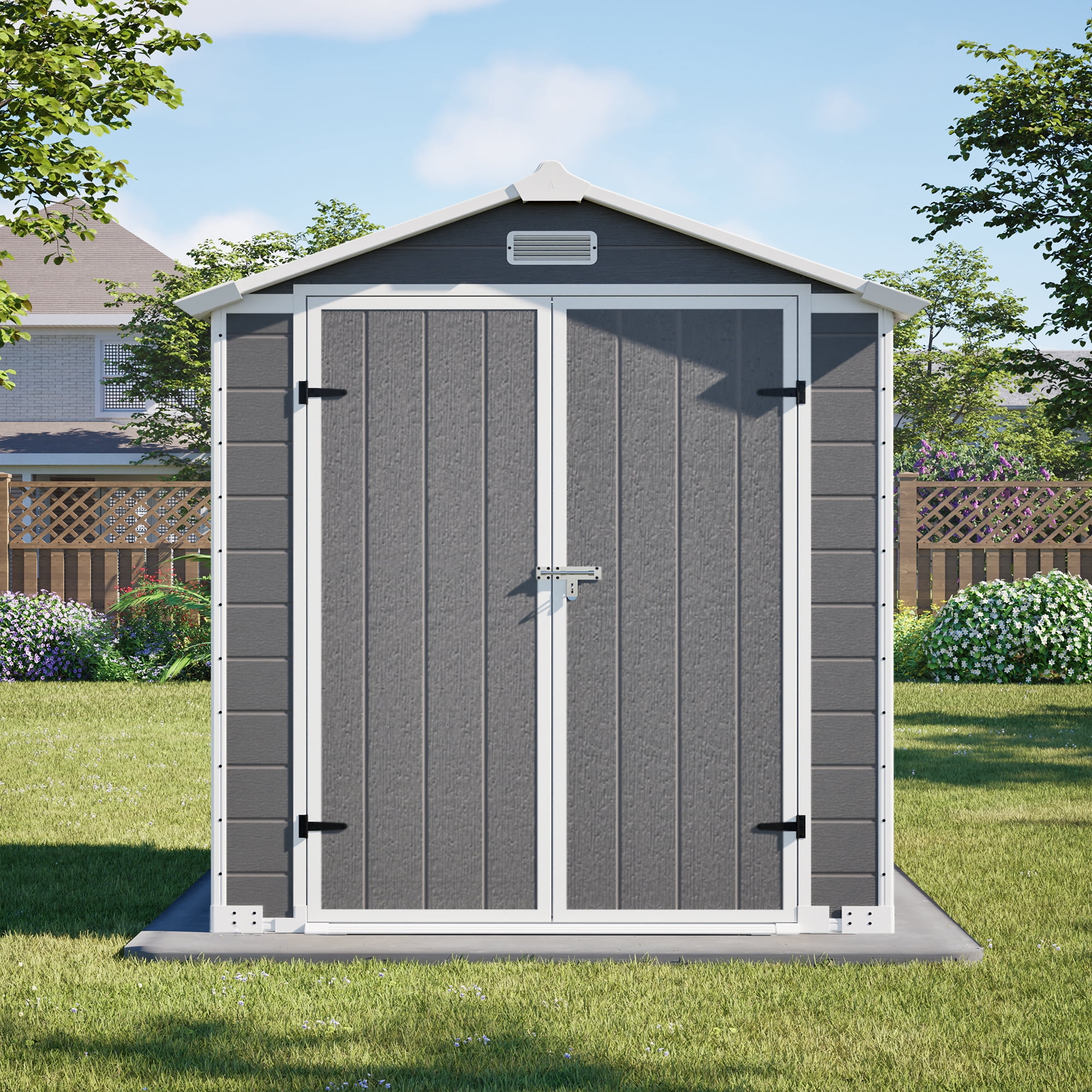 LZBEITEM 6 ft x 6 ft Outdoor Storage Shed, Weather-Resistant Resin Tool Shed with Heavy-Duty Floor and Lockable Doors (Grey, 205 cu.ft) sgccu