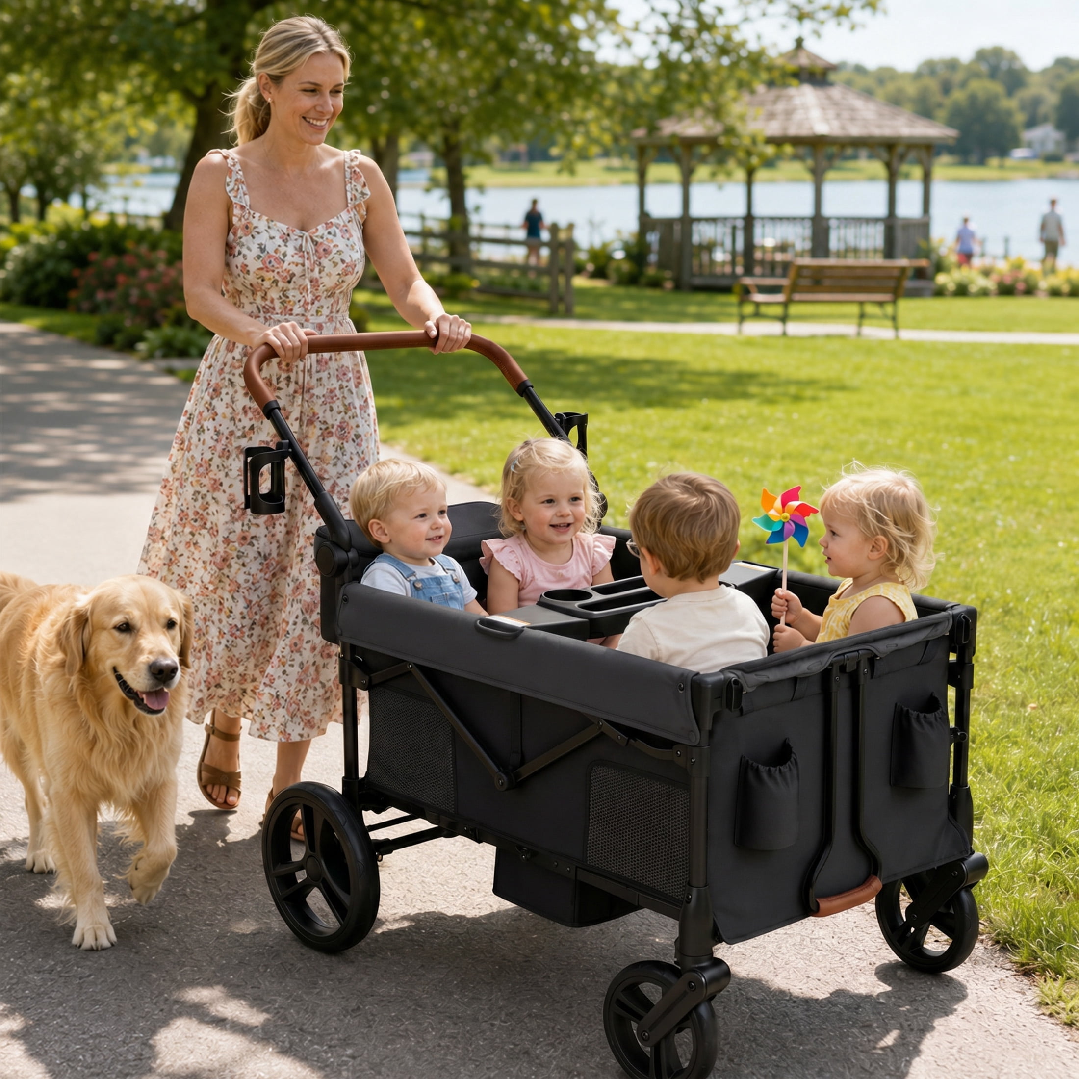 HARPPA Foldable Wagon Stroller for 4 Kids with 5-Point Harness and Canopy (Black) k8gyb - Image 3