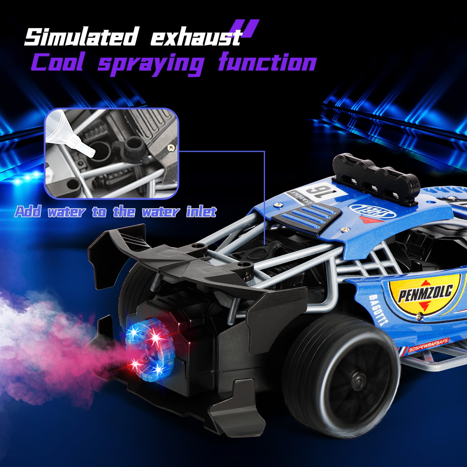 Kivdit Remote Control Car (1:16 Scale, 2.4GHz RC Drift Vehicle with LED Lights and Spray, Blue) k08mb