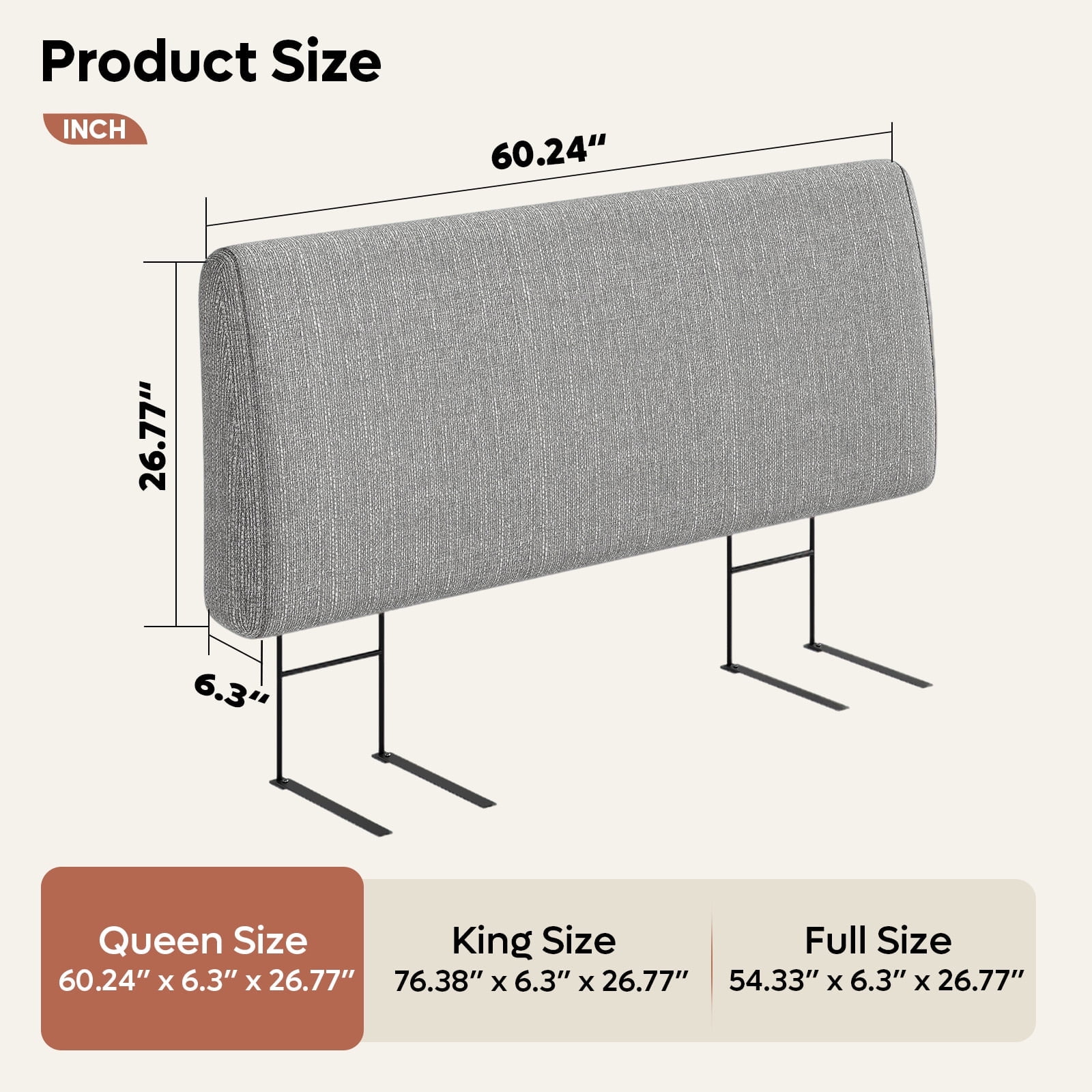 Pinmoco Upholstered Foam Headboard for Queen Bed, Ergonomic Adjustable Height Fabric Backrest (Gray, 60 in) tj48w - Image 6