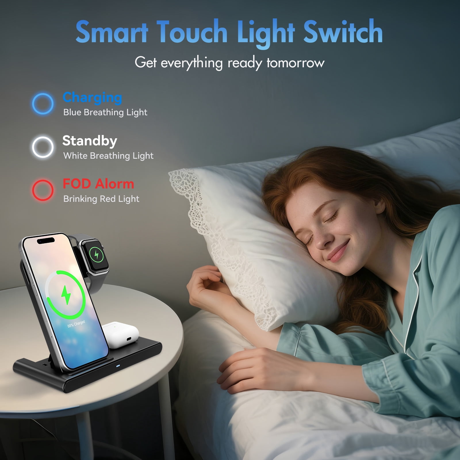 BAOKALER 3-in-1 Wireless Charging Station, Fast Charging Dock for iPhone, Apple Watch, and AirPods (Black, 15W) on0yj