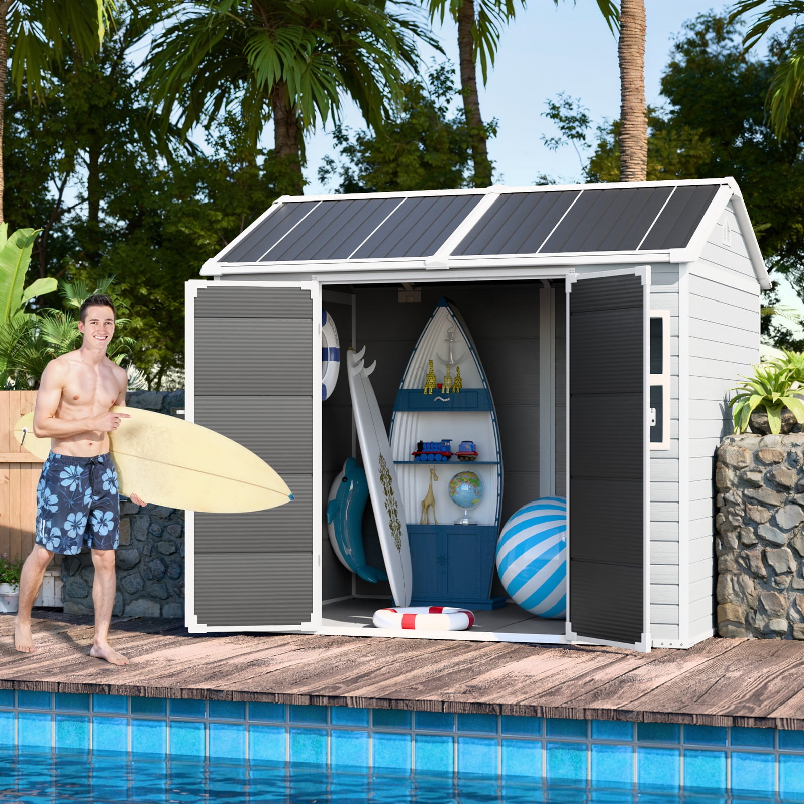JULY'S SONG Outdoor Storage Shed with Floor, Weather-Resistant Resin Garden Tool House with Lockable Door and Windows (Grey, 8x6 ft) liaf2