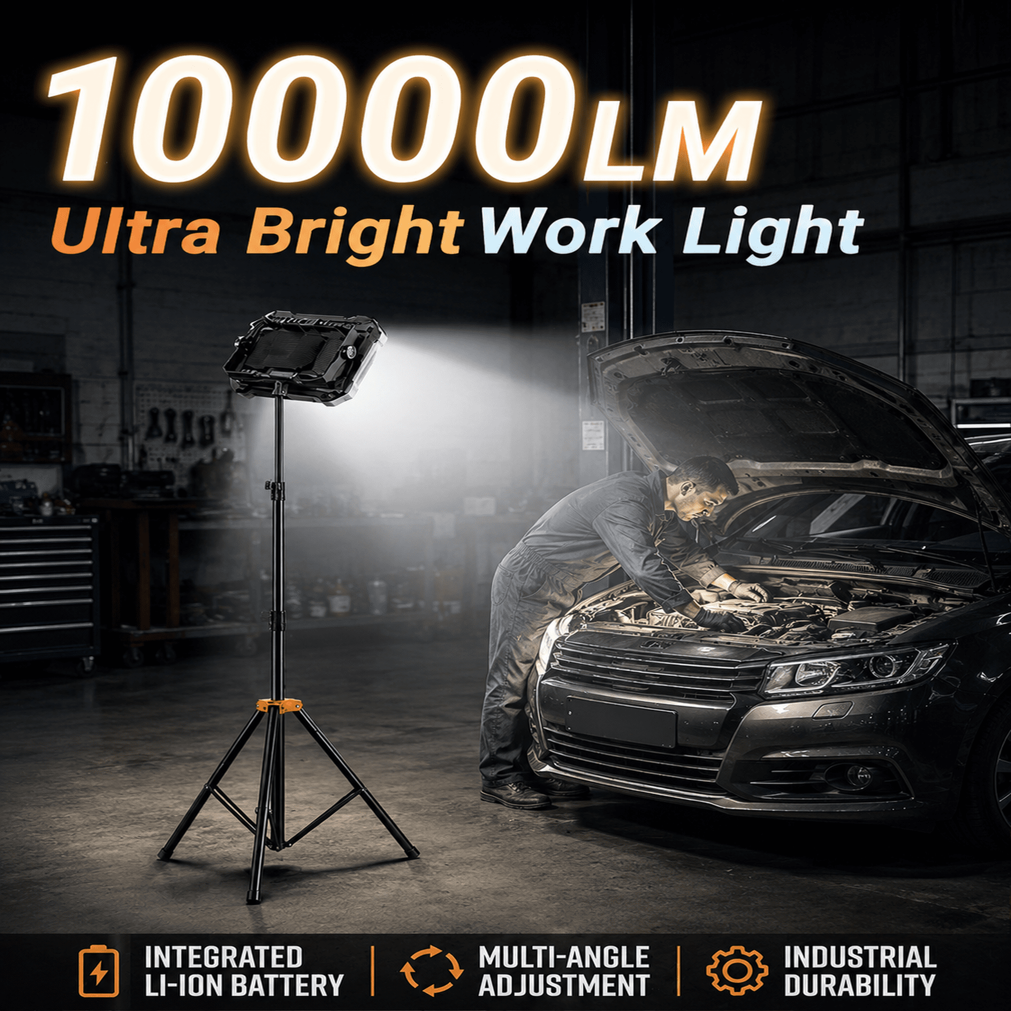 Lumdark Rechargeable LED Work Light, 10000 Lumens Portable Magnetic Shop Light with Hook, 4 Modes Waterproof for Garage and Camping (Black, 12000mAh) dexfi