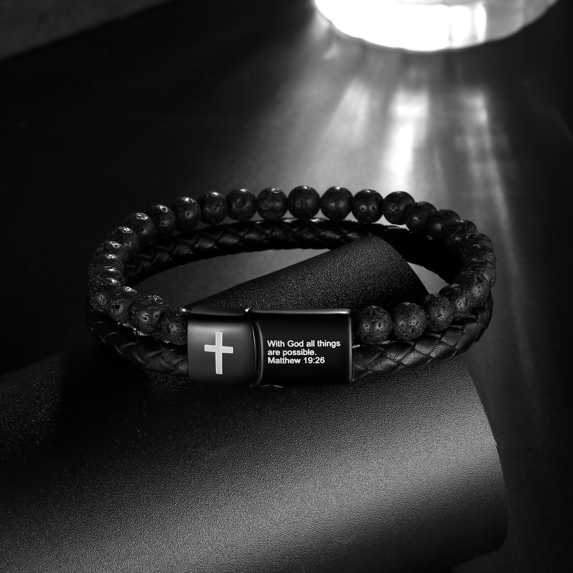 Jewmon Men's Inspirational Bible Verse Bracelet, Lava Rock and Braided Leather Cuff with Magnetic Clasp (Black, 8.5 in) k43q5