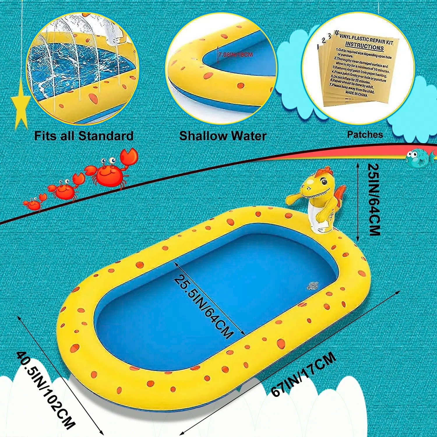 Teblint Inflatable Dinosaur Sprinkler Pool for Kids, Outdoor Water Play Center with Spray Features (Blue-Yellow, 67 in x 41 in x 26 in) ya4c7
