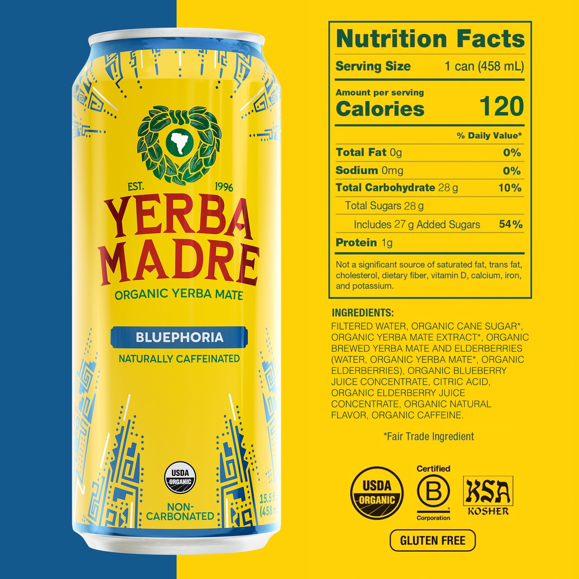Guayaki Organic Yerba Mate Bluephoria Energy Drink (Blueberry Elderberry, 15.5 fl oz) ksqkf